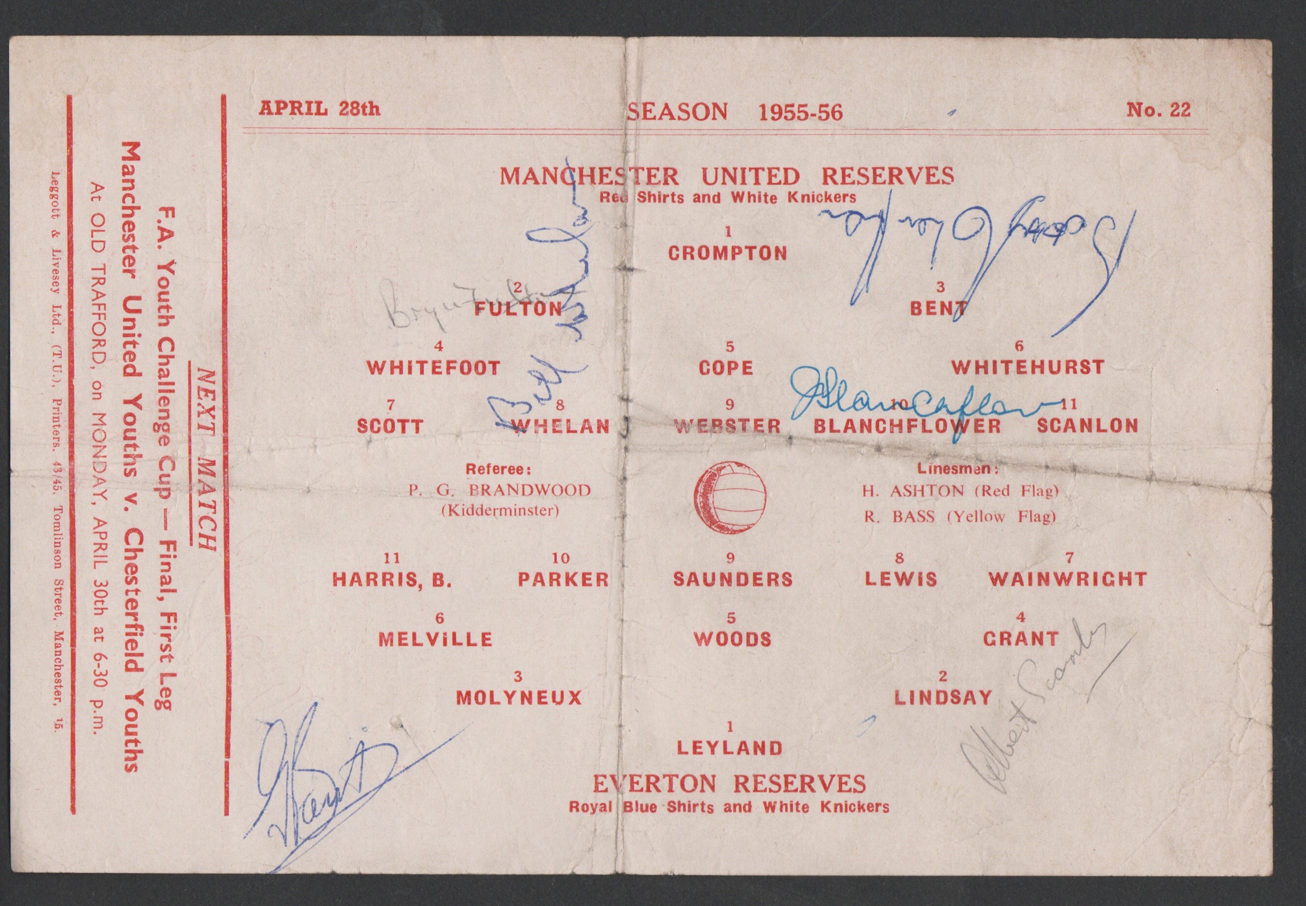 Single sheet programme Manchester United Reserves v Everton Reserves 28th April 1956. Signed by