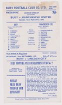 Single sheet programme Bury v Manchester United Lancashire Senior Cup 2nd Round 11th September 1972.