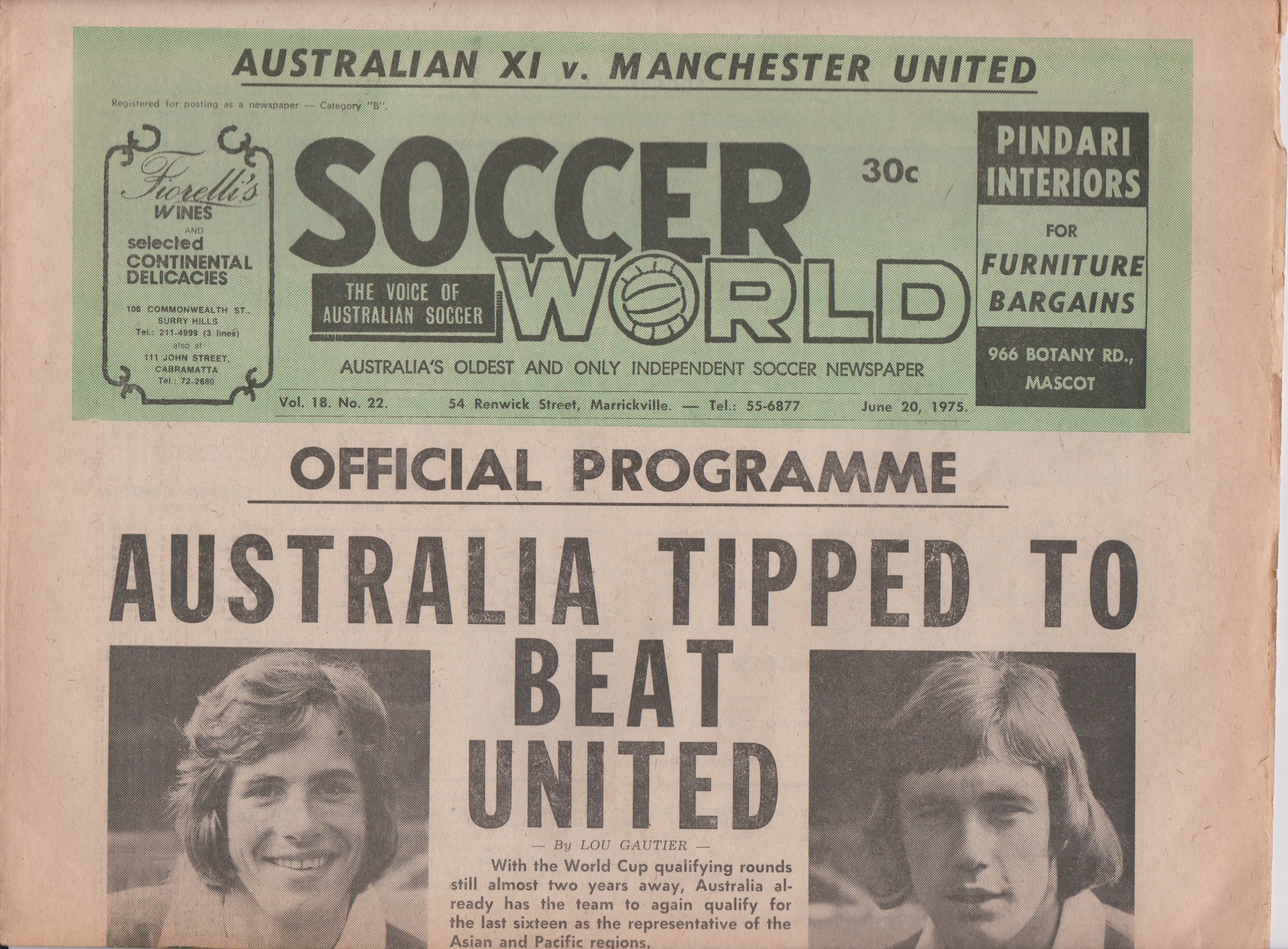 Australian XI v Manchester United friendly match Newspaper issue June 20th 1975 played in Sydney