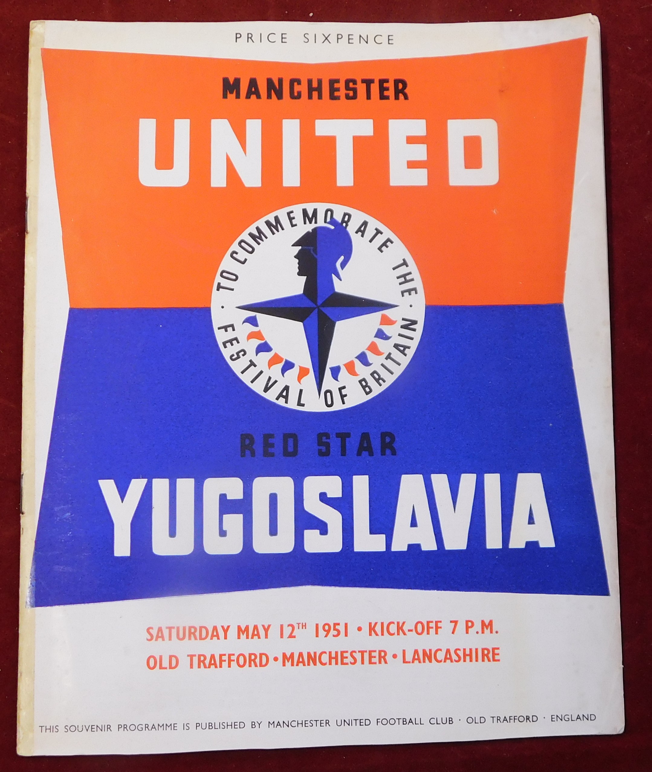 Programme Manchester United v Red Star Belgrade Festival of Britain match 12th May 1951. Score,