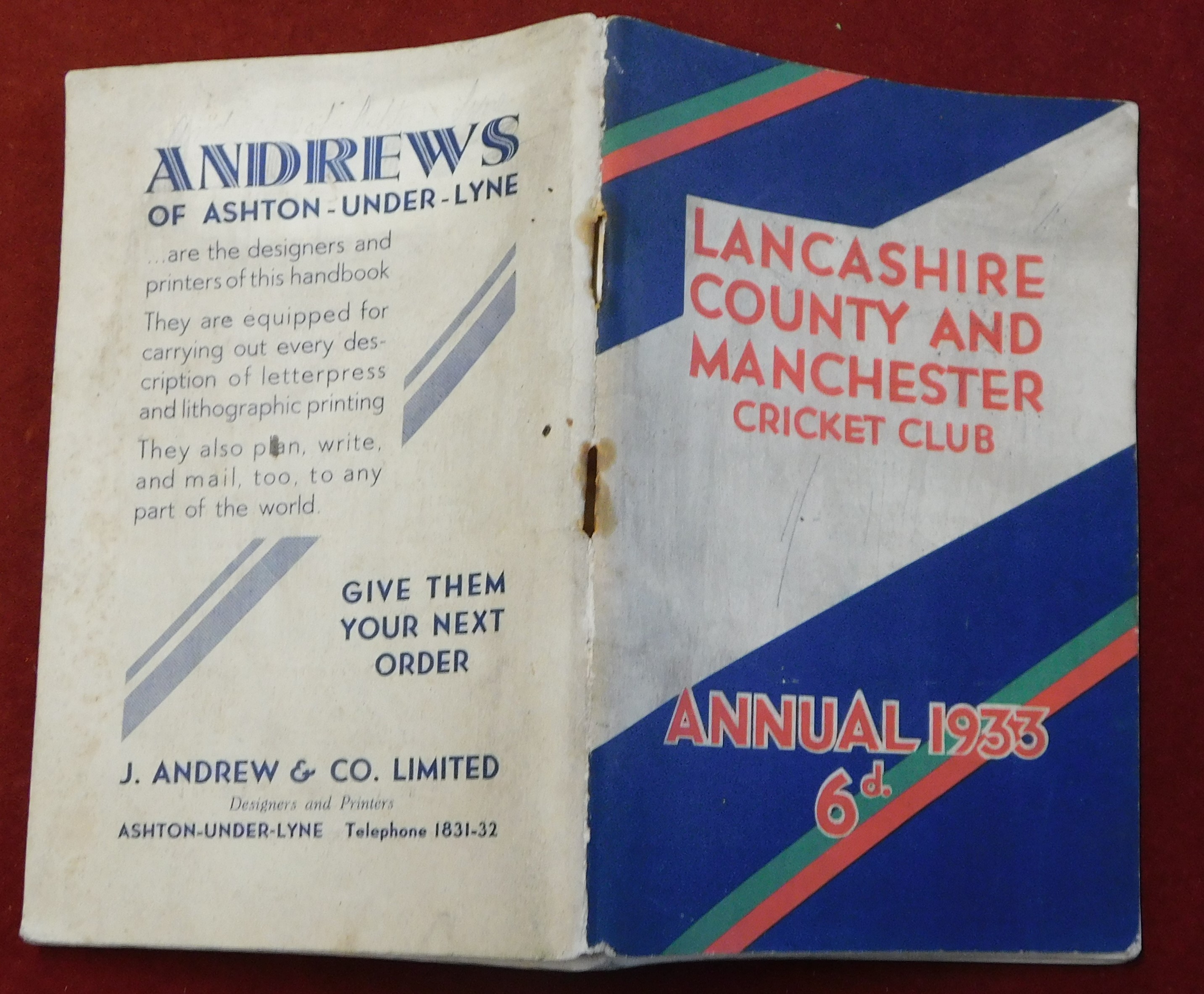 Cricket Lancashire County and Manchester Cricket Clue 1933 Annual, staple rust, text & Photo's