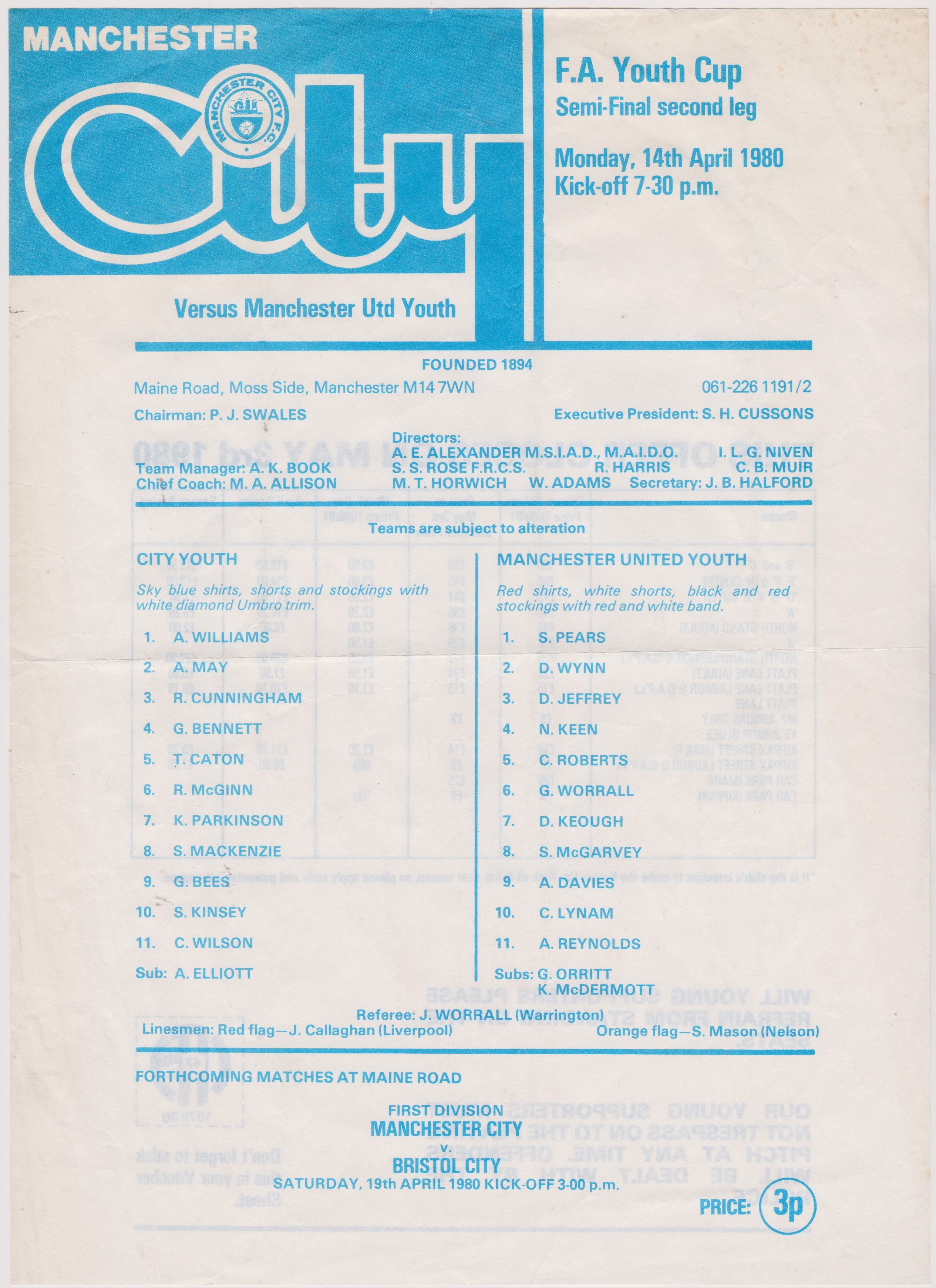 Single sheet programme Manchester City v Manchester United FA Youth Cup Semi Final 14th April