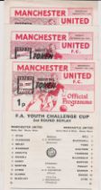 A collection of 3 Manchester United single sheet home programmes from the FA Youth Cup in season
