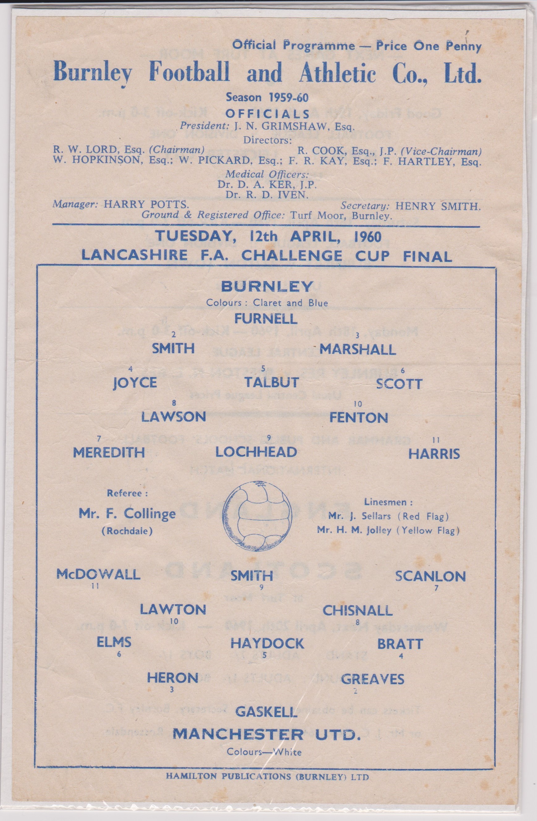 Single Sheet programme Burnley v Manchester United. Lancashire FA Challenge Cup Final 12th April