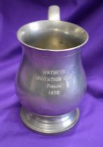 A engraved pewter Runners Up goblet presented to a Manchester United player in the 1st ever Watney