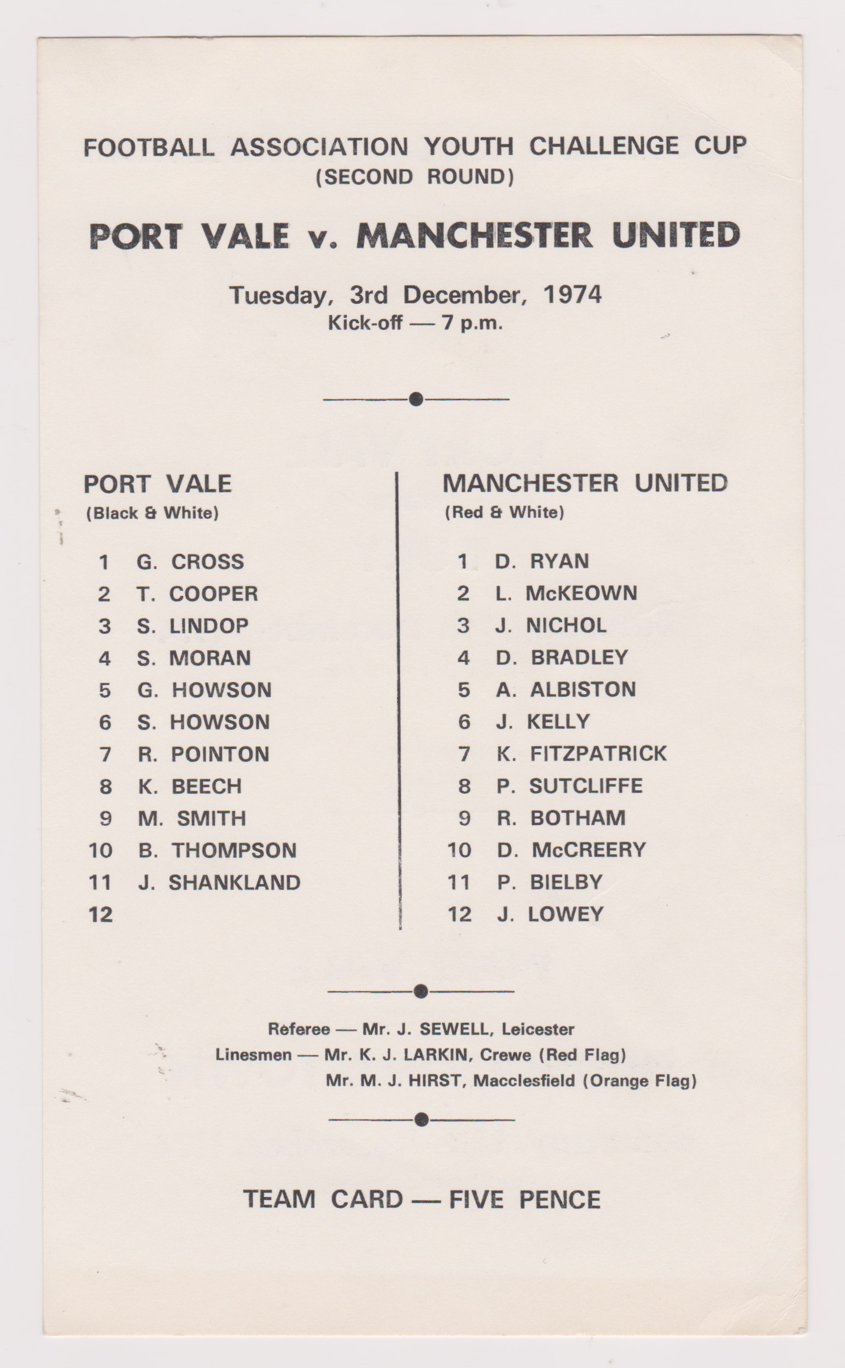 Rare single card Programme Port Vale v Manchester United FA Youth Cup 2nd Round 3rd December 1974.