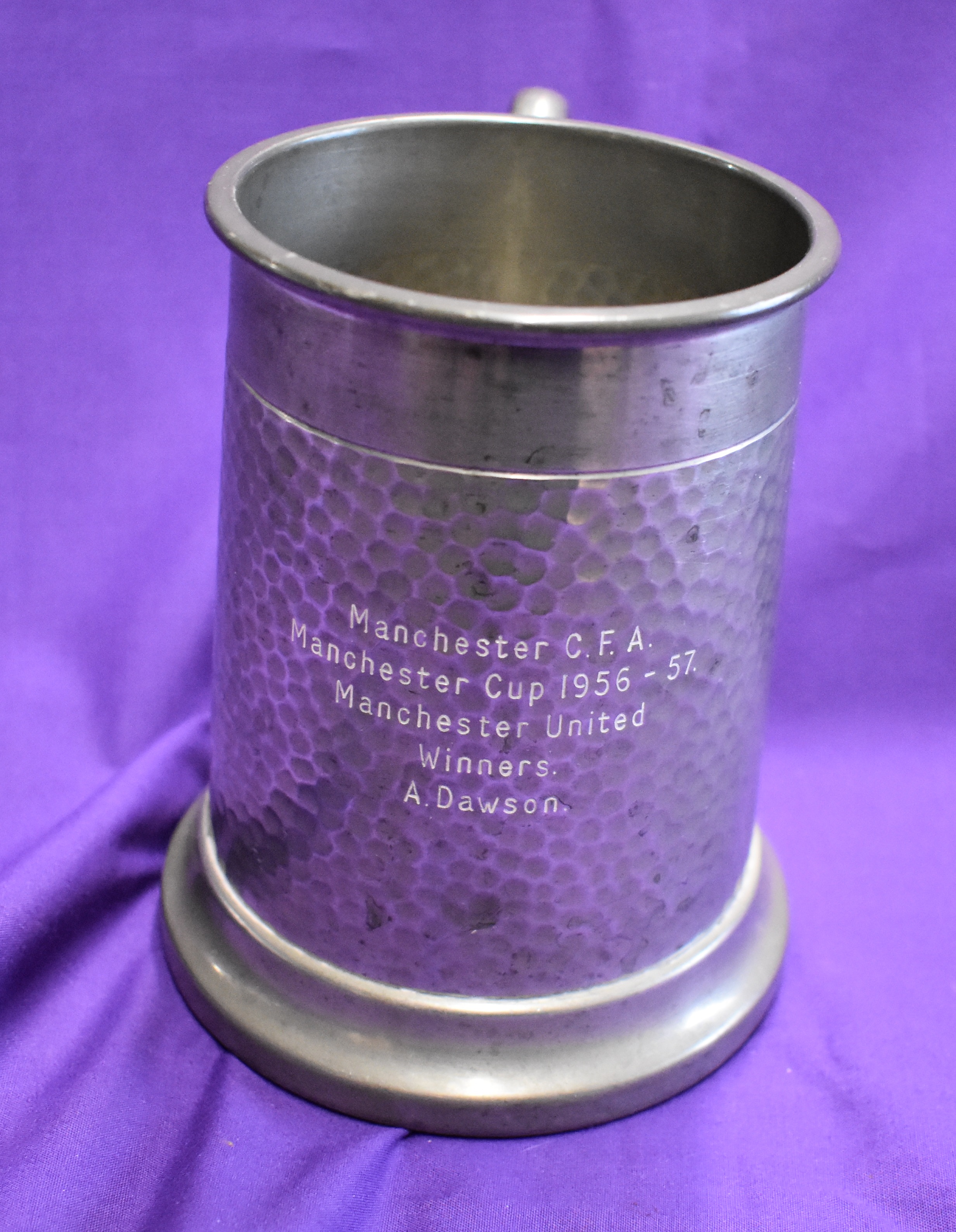 An engraved Central League Winners pewter mug presented to Alex Dawson of Manchester United from the