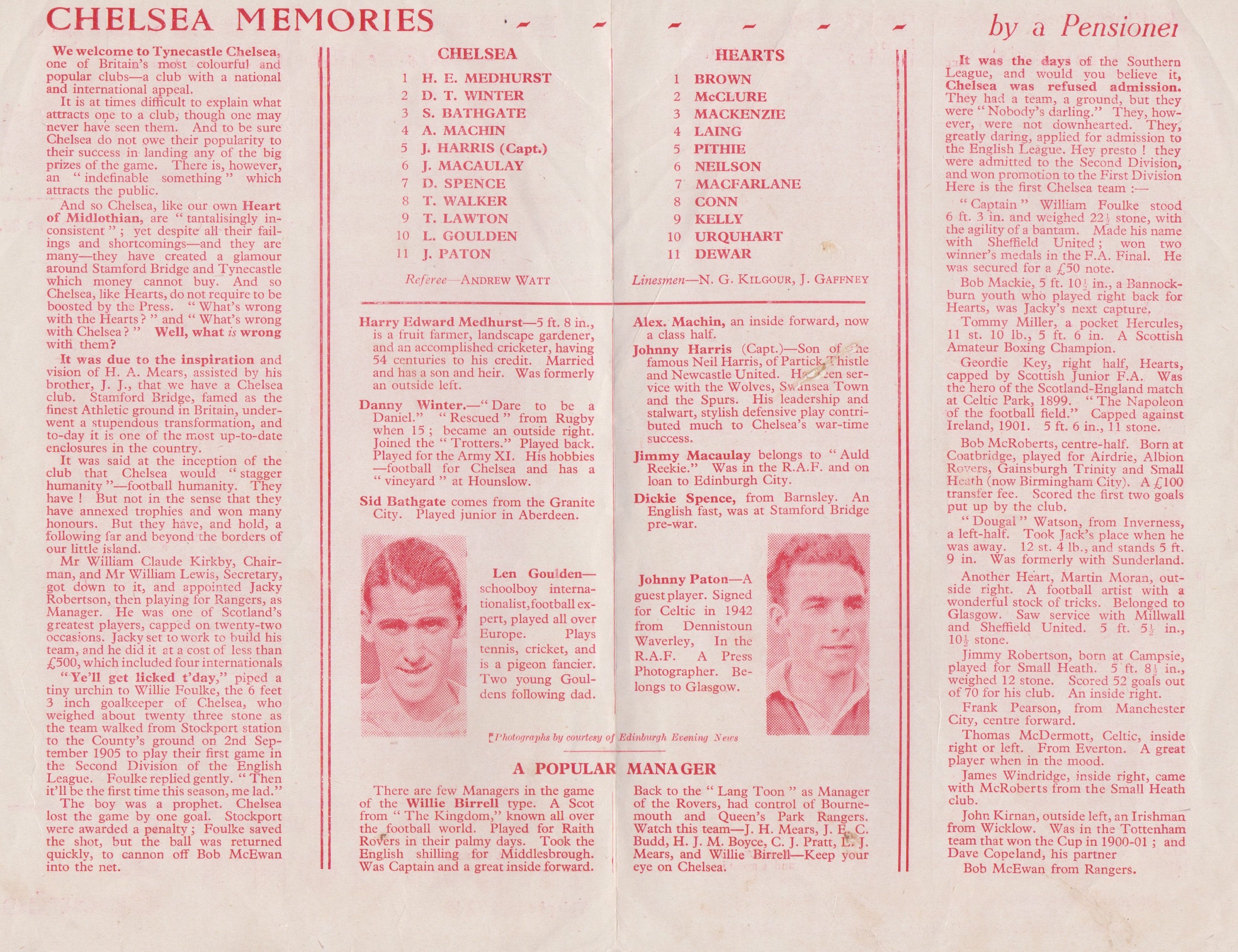Hearts v Chelsea (Friendly). 4 Page programme 21st April 1947. A small abrasion at front cover. Fair - Image 2 of 2