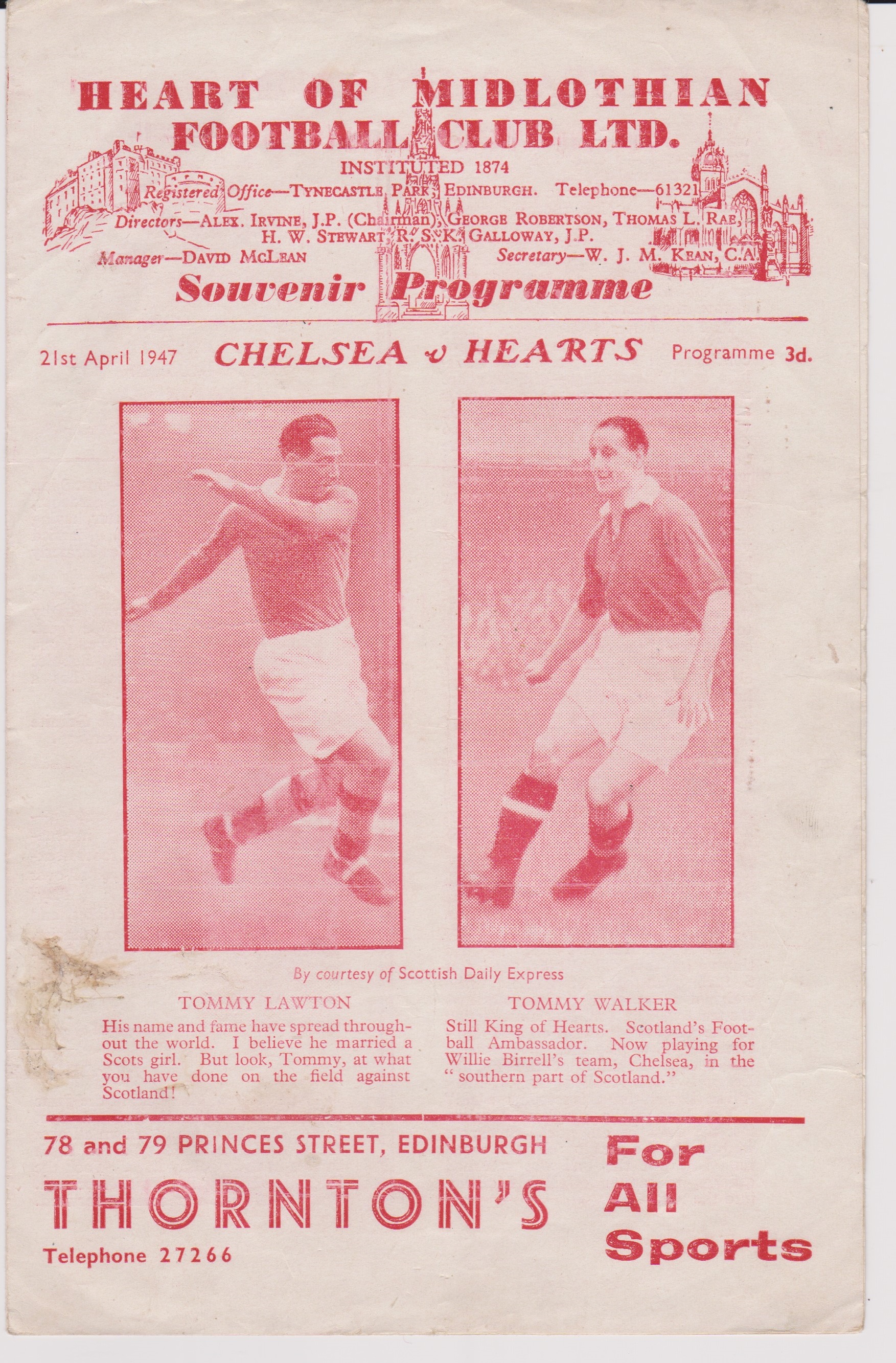 Hearts v Chelsea (Friendly). 4 Page programme 21st April 1947. A small abrasion at front cover. Fair