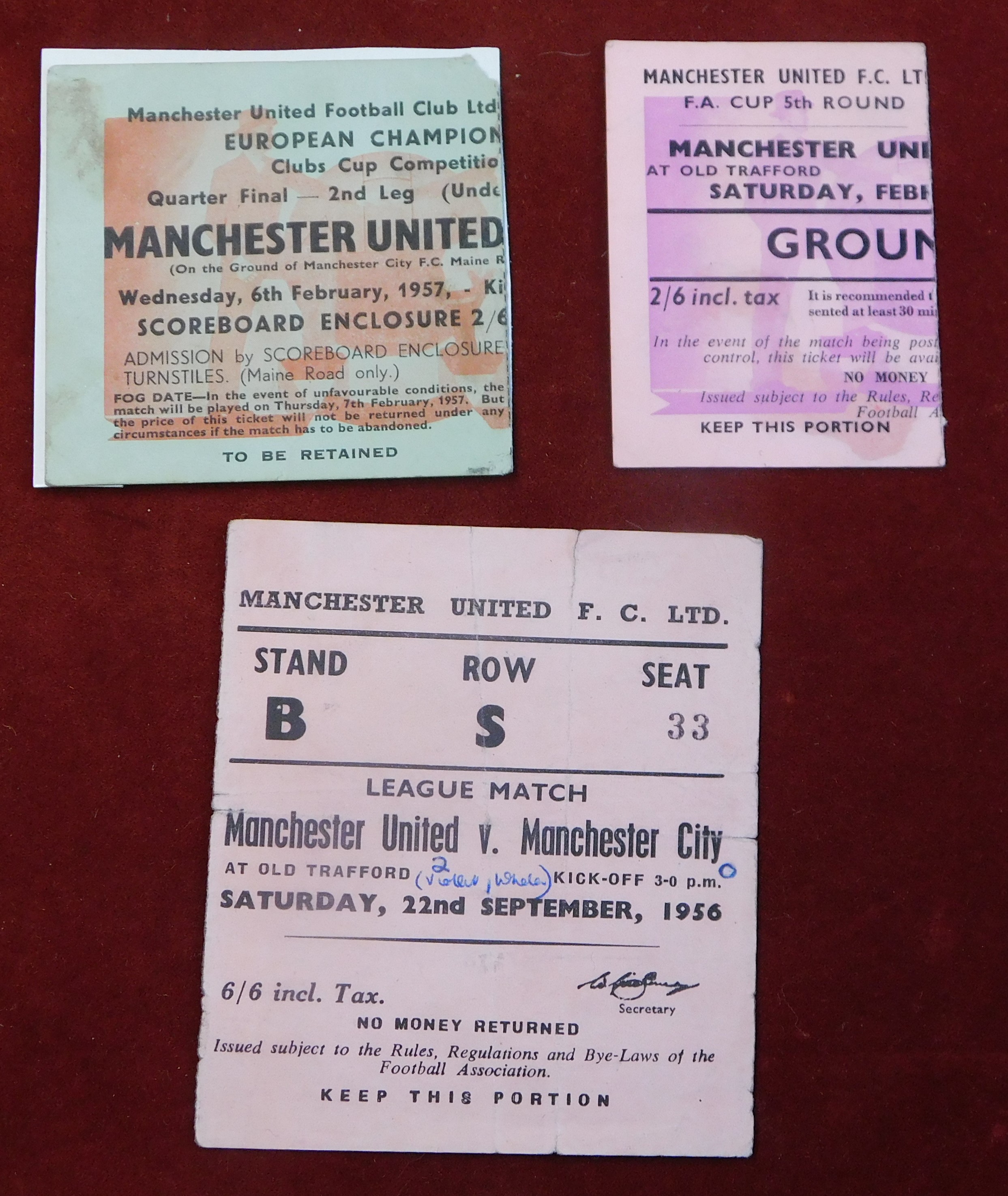 Manchester United home tickets from the 1956/57 season v Manchester City (League), (scorers, folds),