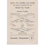 Bristol City v Chelsea FA Youth Cup Semi Final April 5th 1960. Scarce 4 page programme. Some