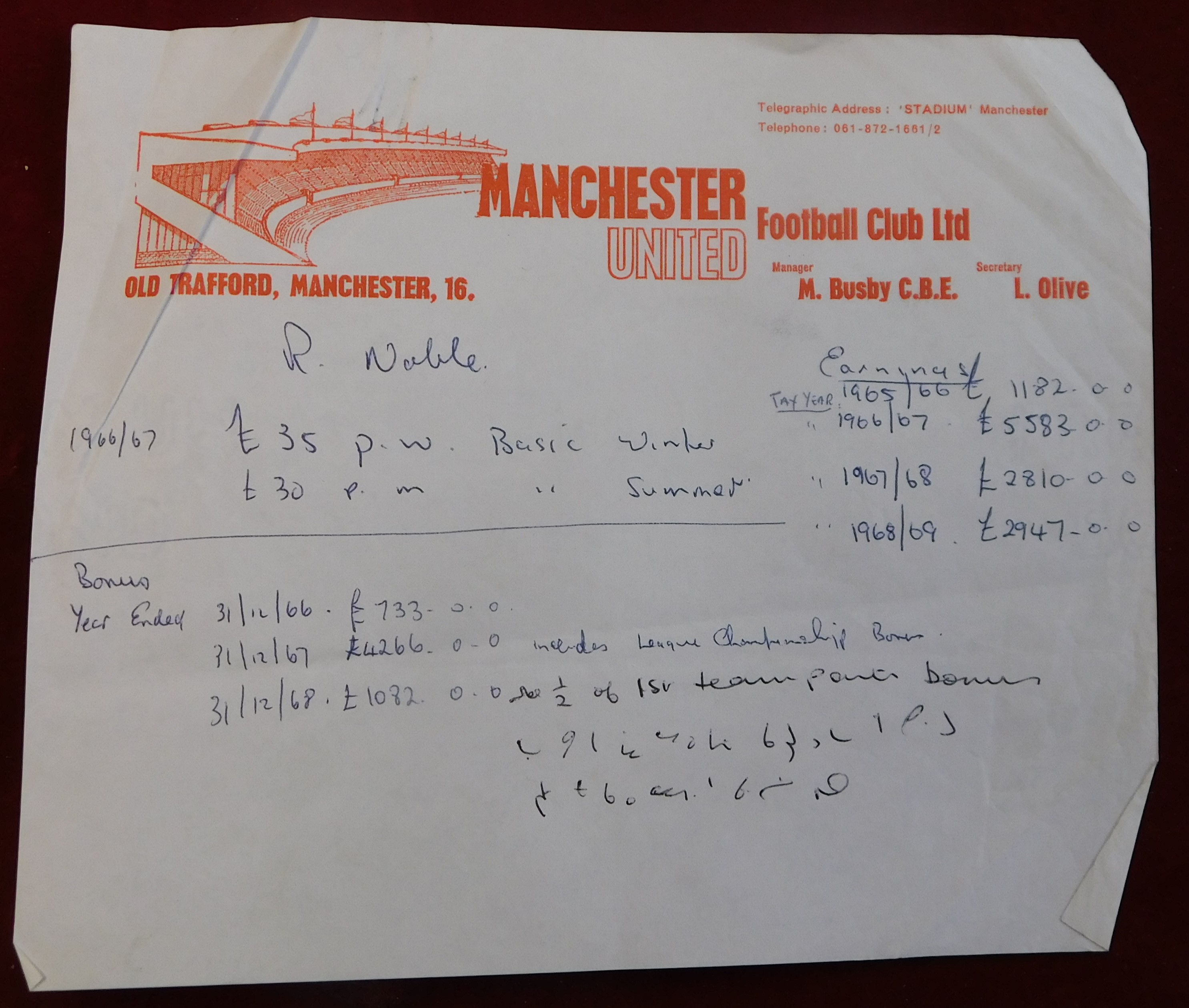 Manchester United ephemera relating to individual players pay. An original ledger page from the - Image 2 of 5