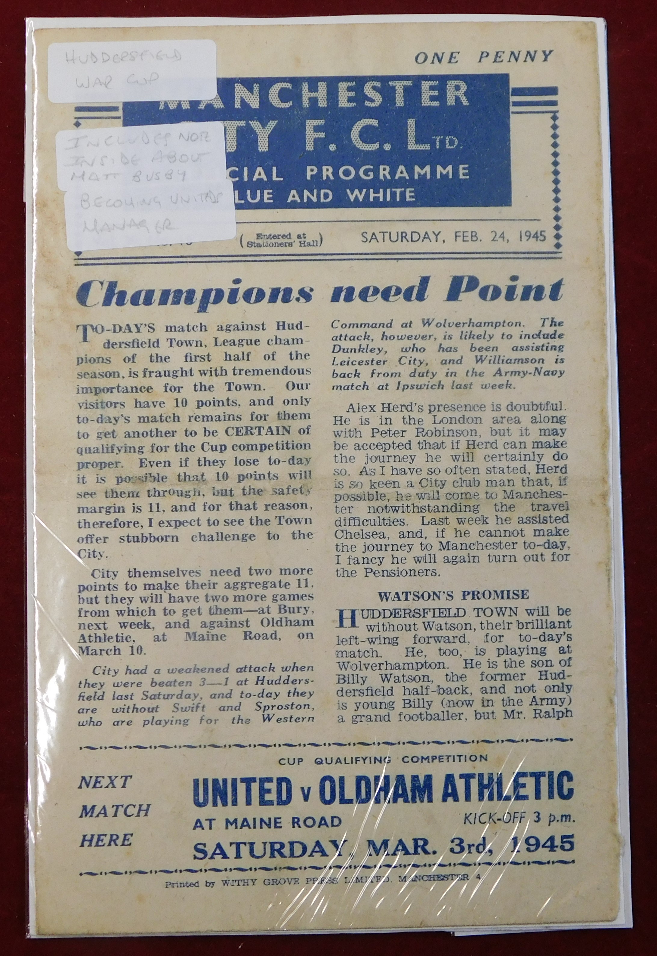 Manchester City home programmes both in the War Cup North from the 1944/45 season v Manchester - Bild 3 aus 3