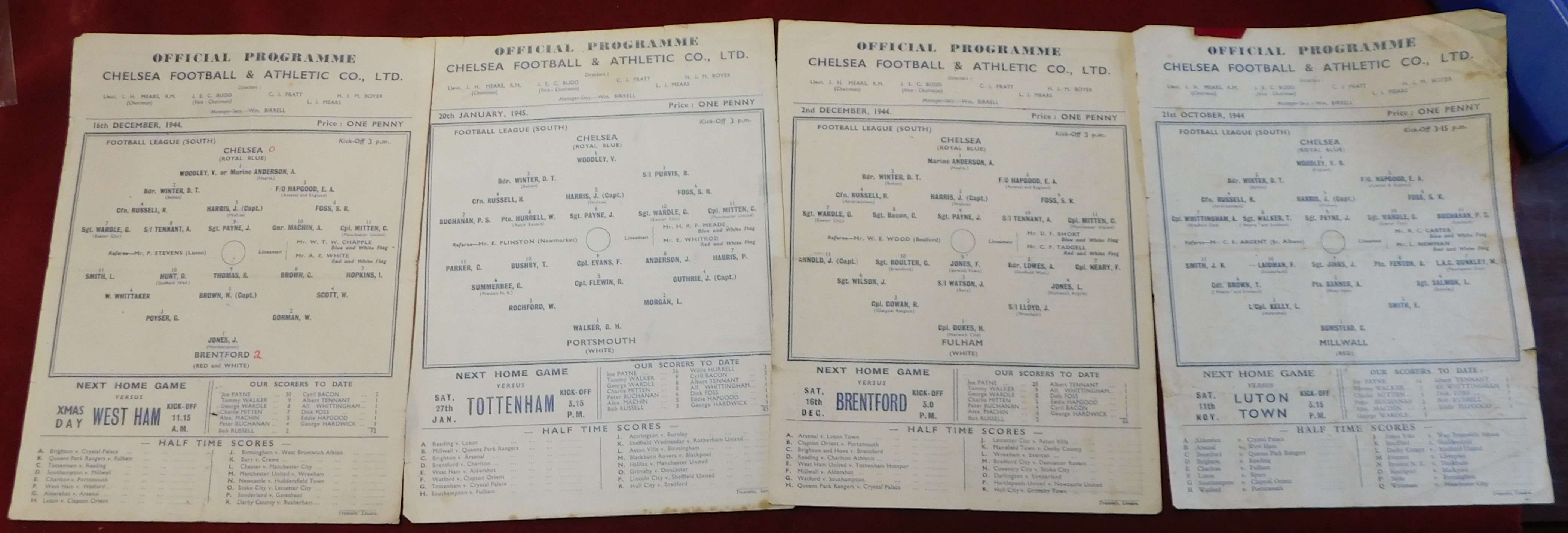 Chelsea home single sheet programmes from the 1944/45 season v Millwall, Fulham, Brentford and