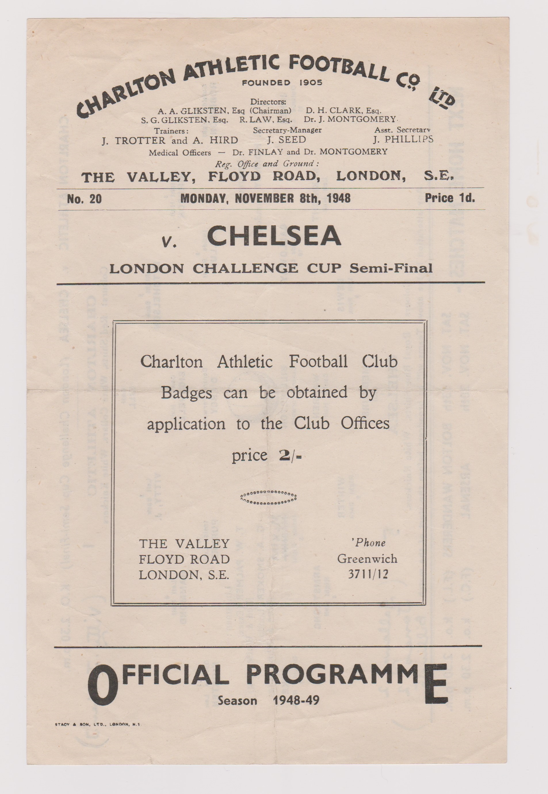 Charlton Athletic v Chelsea London Challenge Cup Semi Final at the Valley 8th November 1948.