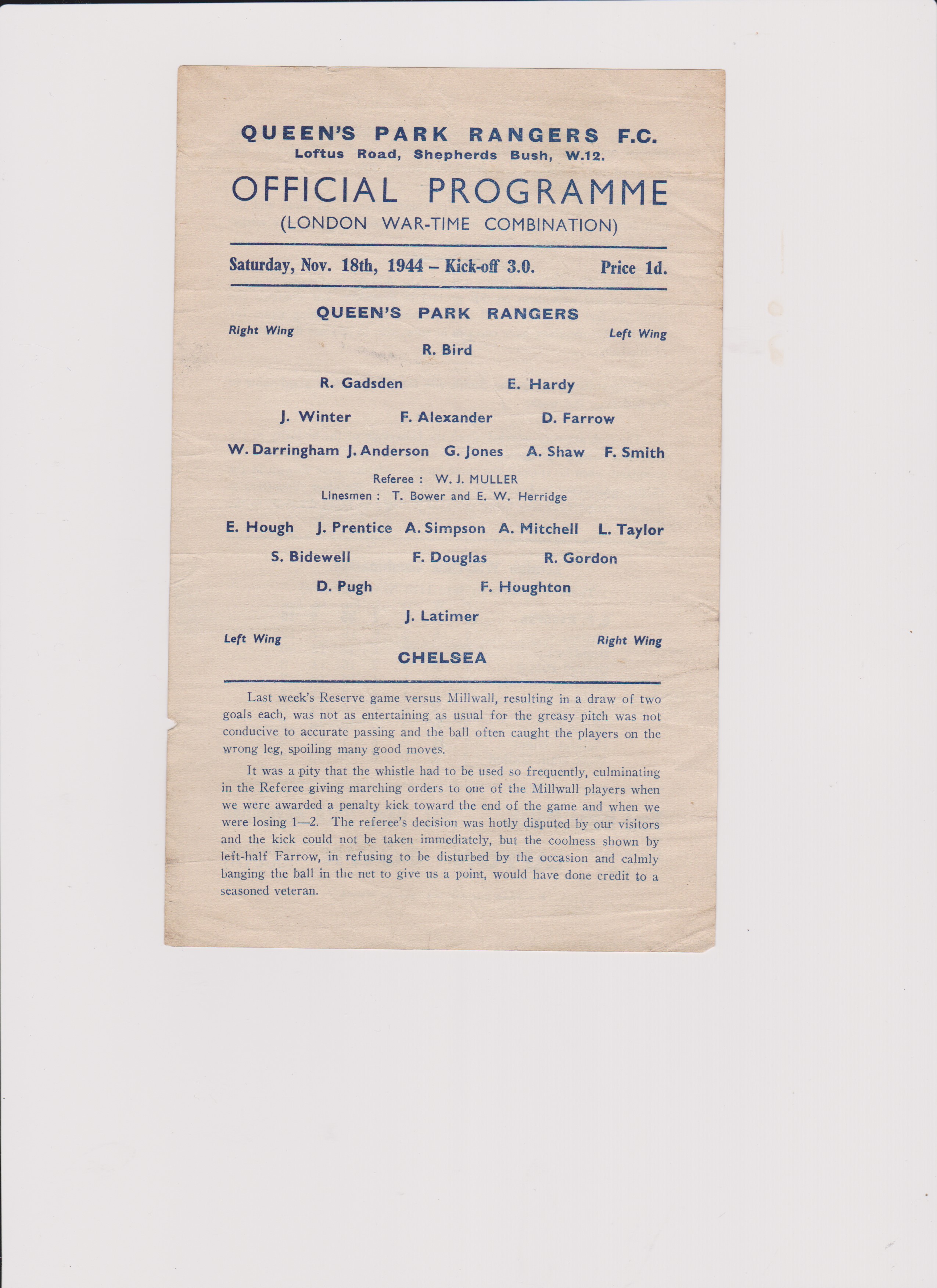 Single sheet wartime programme Queen's Park Rangers Reserves v Chelsea Reserves November 18th