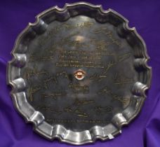 A superb salver possibly silver plate with engraved signatures of the Manchester United team and