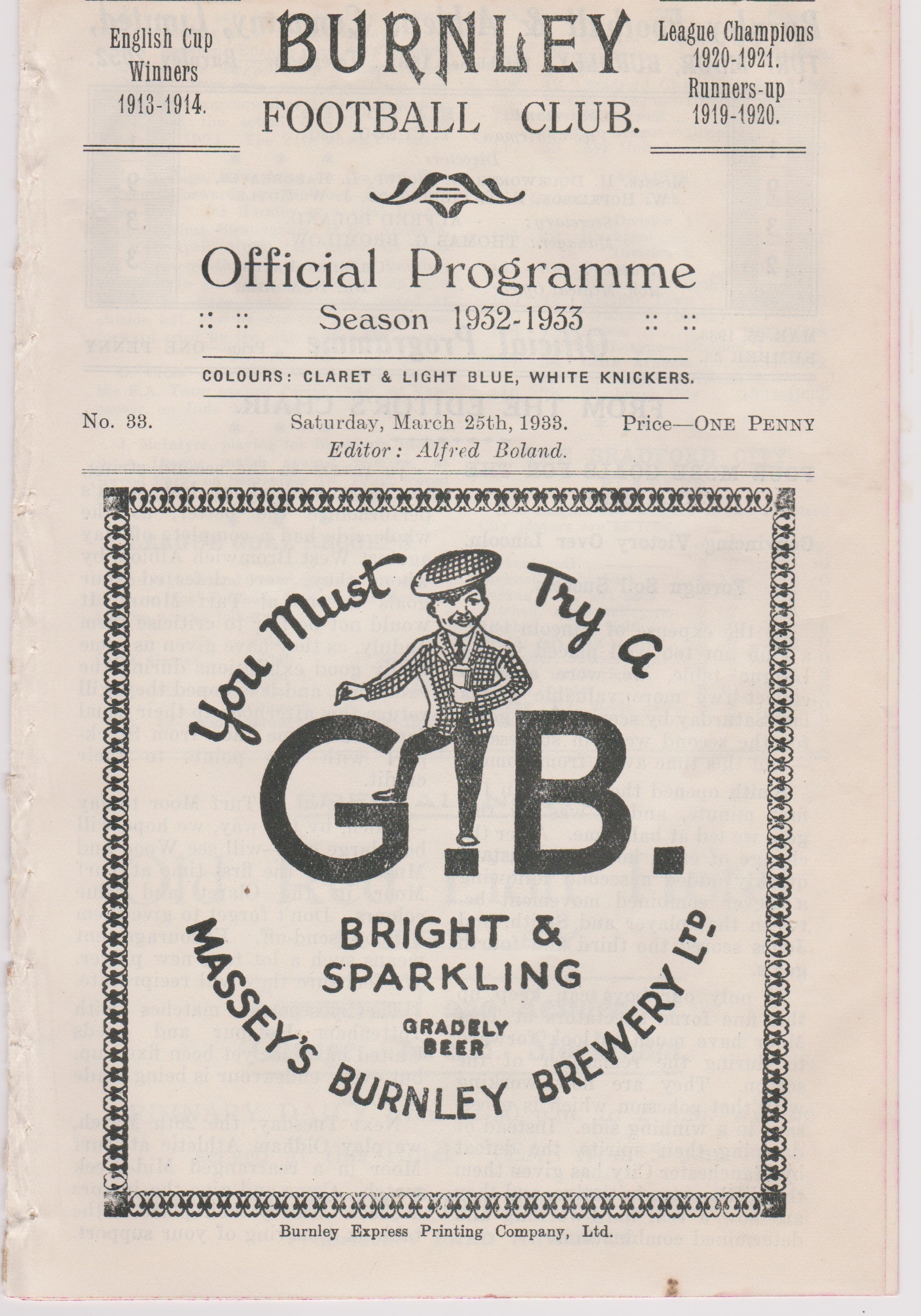Programme Burnley v Bradford City March 25th 1933. Ex Bound Volume. No writing. Generally good