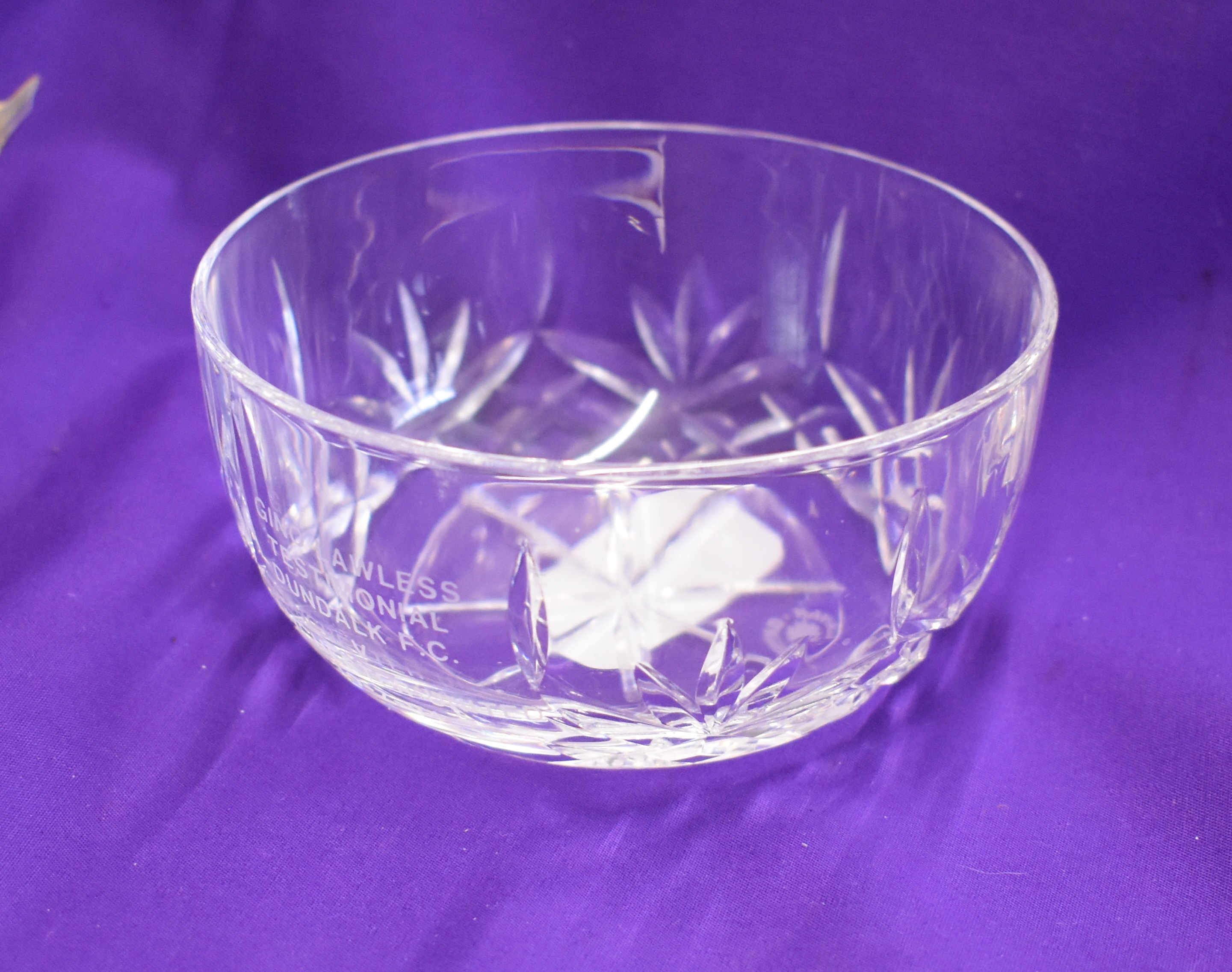 A Cavan crystal glass bowl presented to Gino Lawless of Dundalk on the occasion of his Testimonial