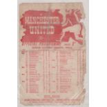 Single sheet War League programme Manchester United v Sheffield Wednesday April 20th 1946. Worn.