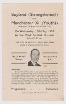 Programme Boyland v Manchester United Youth Friendly played in Belfast 13th May 1953. Duncan Edwards
