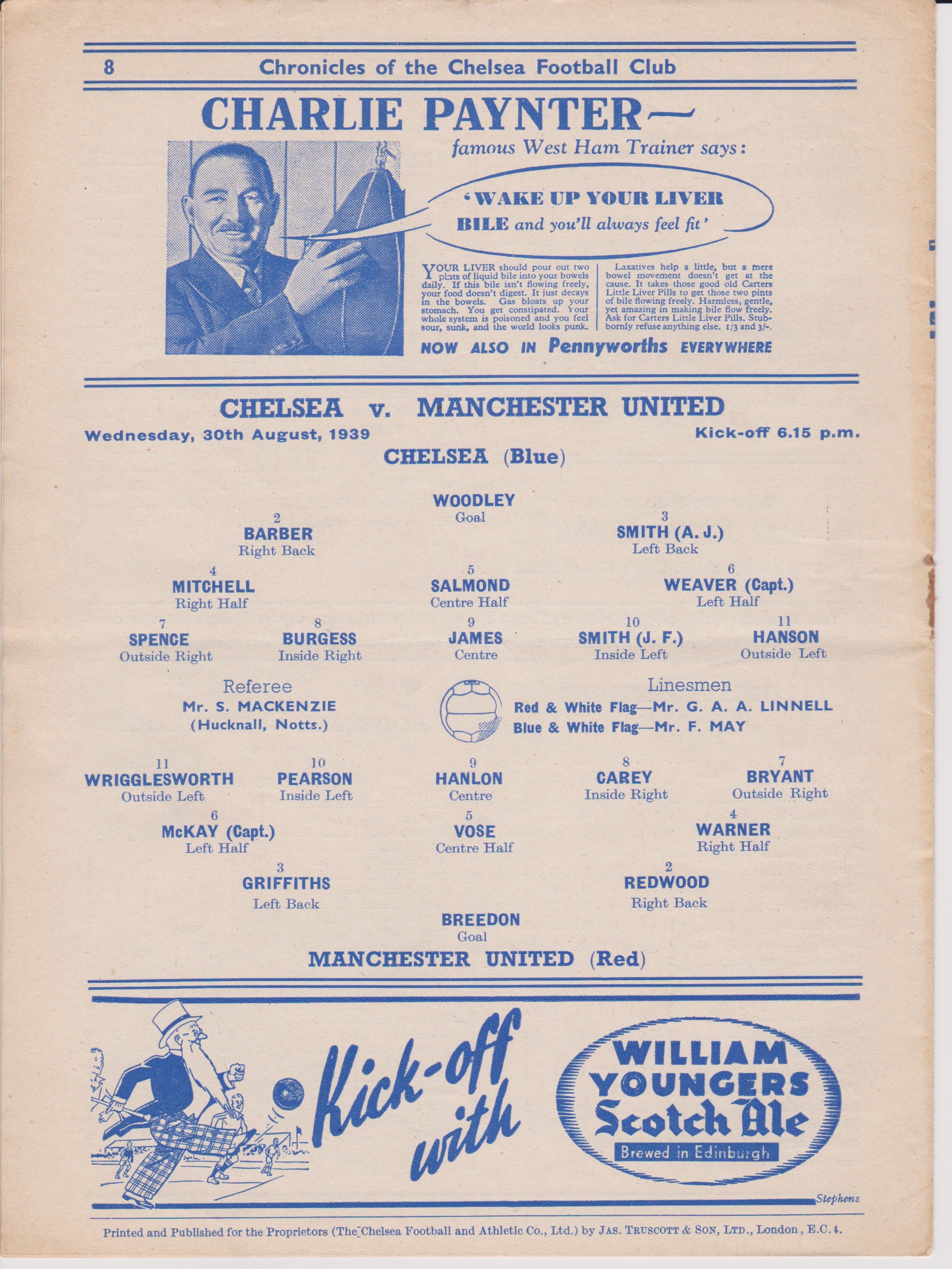 Programme Chelsea v Manchester United 30th August 1939. Comes from the 3 game season. Lacks - Image 2 of 2