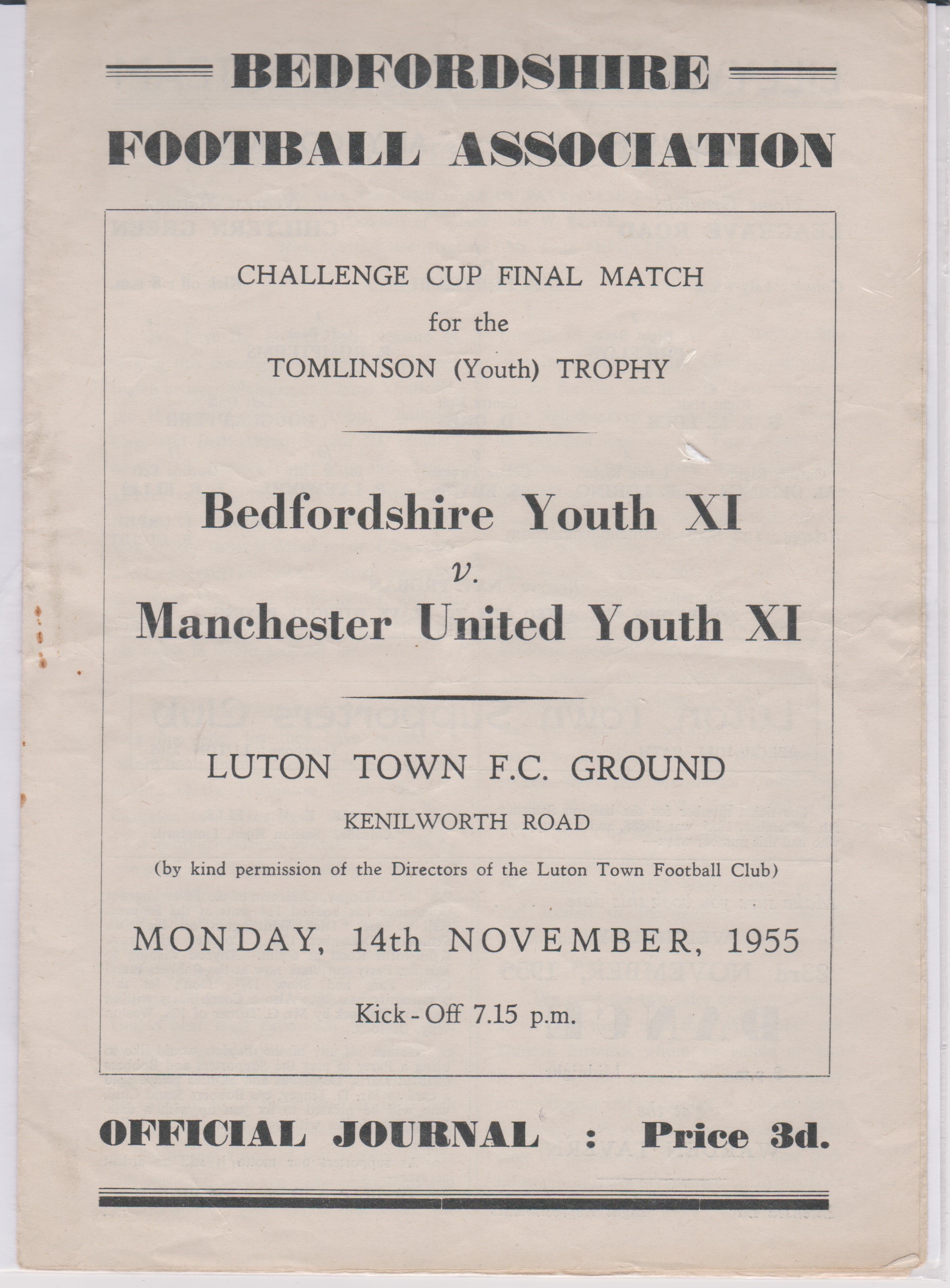 Programme Bedfordshire XI v Manchester United at Kenilworth Road, Luton. Challenge Cup Final for the