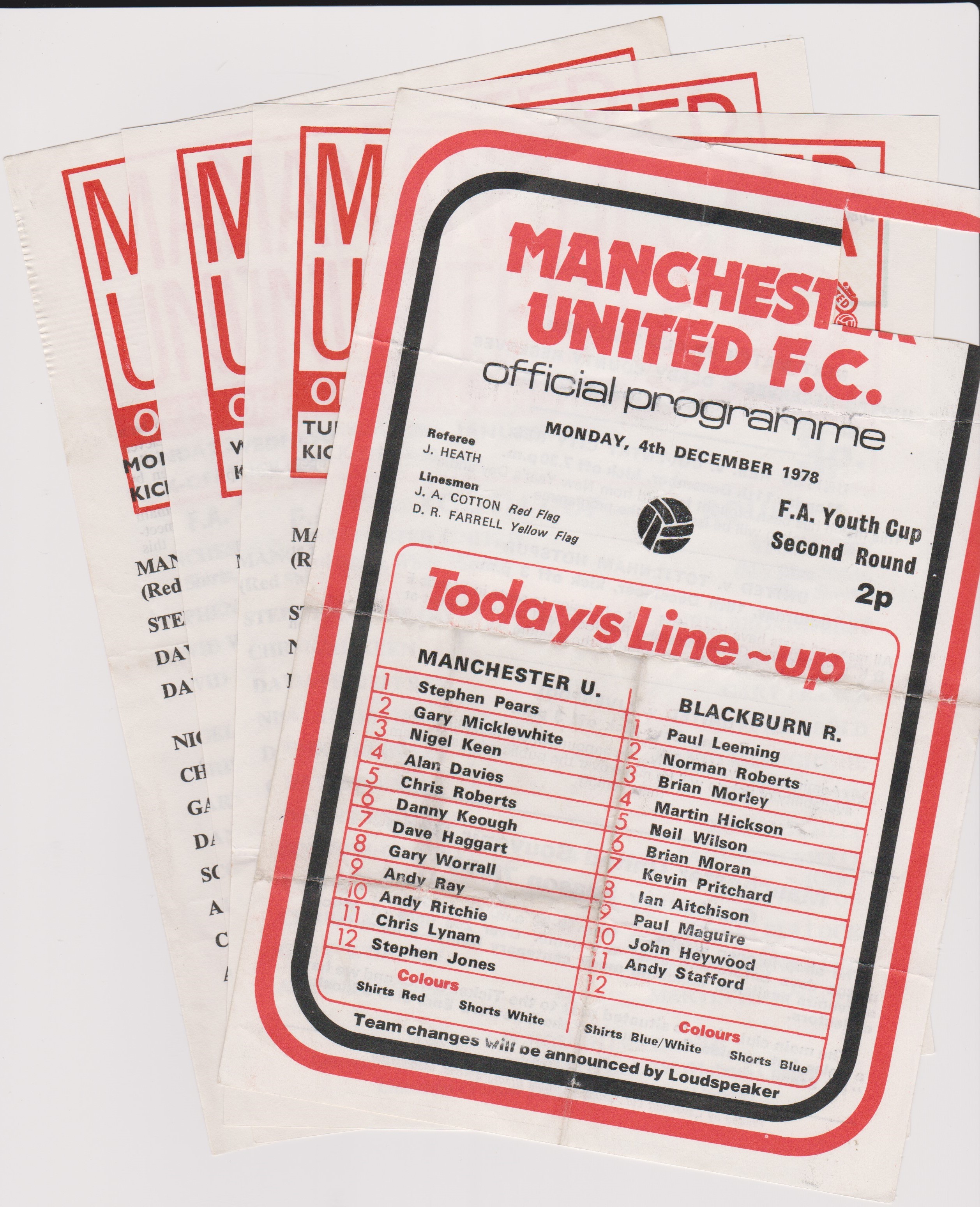A collection of 4 Manchester United single sheet home programmes from the FA Youth Cup in season