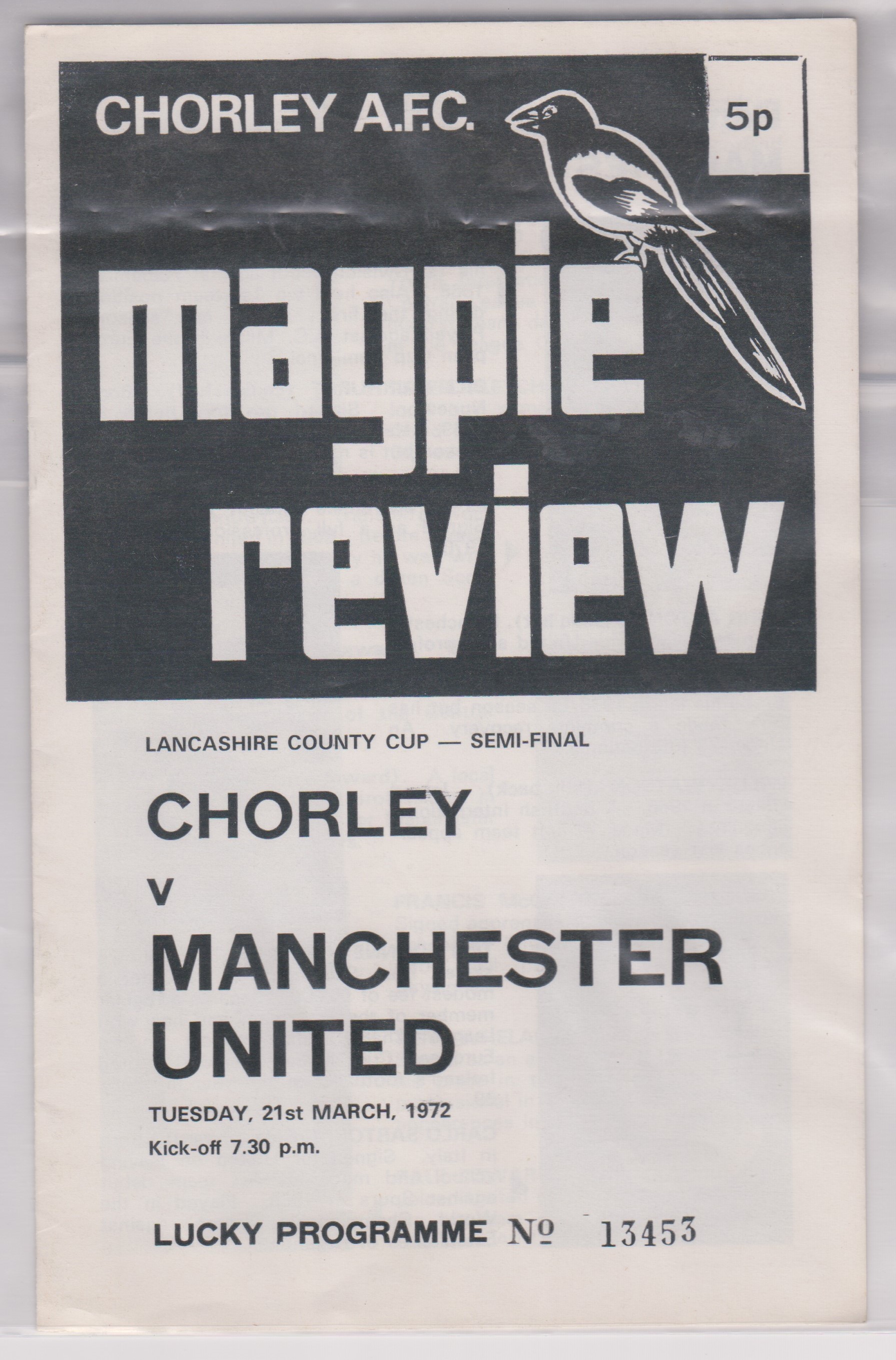 Programme Chorley v Manchester United Lancashire County Cup Semi Final 21st March 1972. No