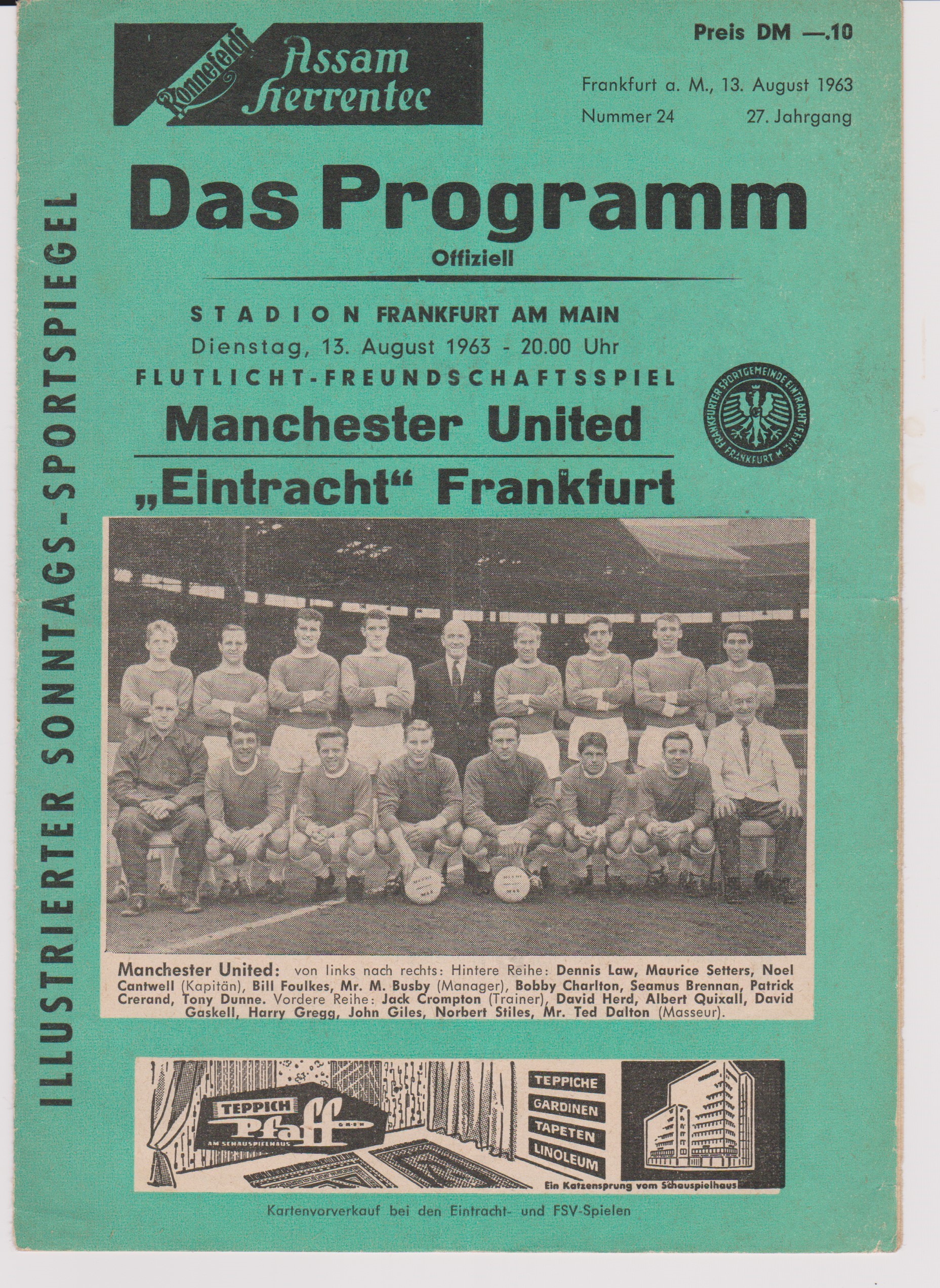 Programme Eintracht Frankfurt v Manchester United Friendly match 13th August 1963. Score, scorers