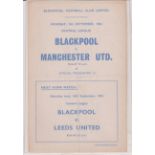 Single Sheet programme Blackpool Reserves v Manchester United Reserves. Central League 9th September