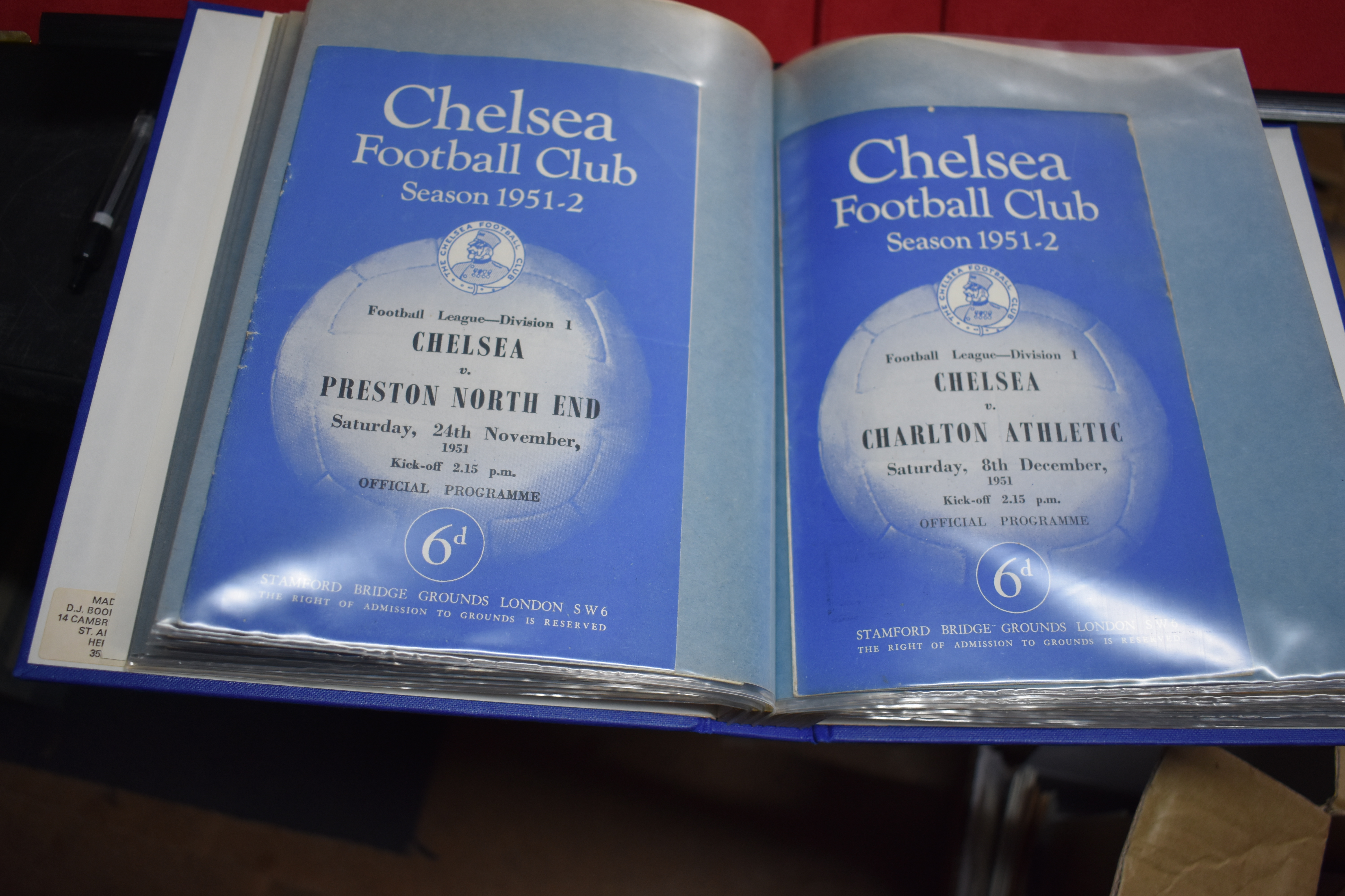 A full set of 24 Chelsea home programmes from the 1951/52 season housed in a custom made DJ