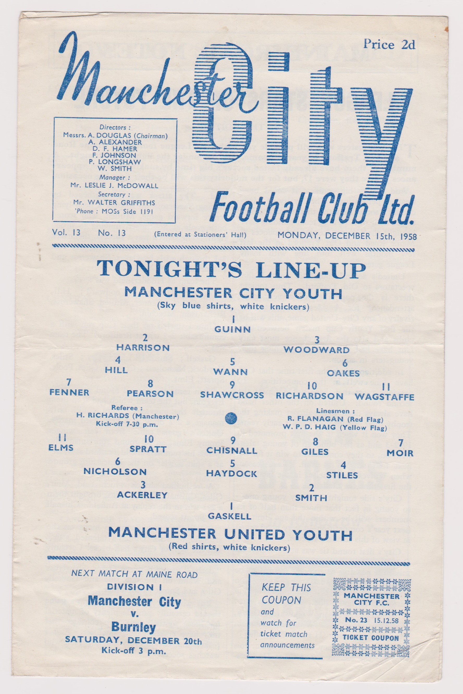 Programme Manchester City v Manchester United FA Youth Cup 3rd Round 15th December 1958. 4 page.