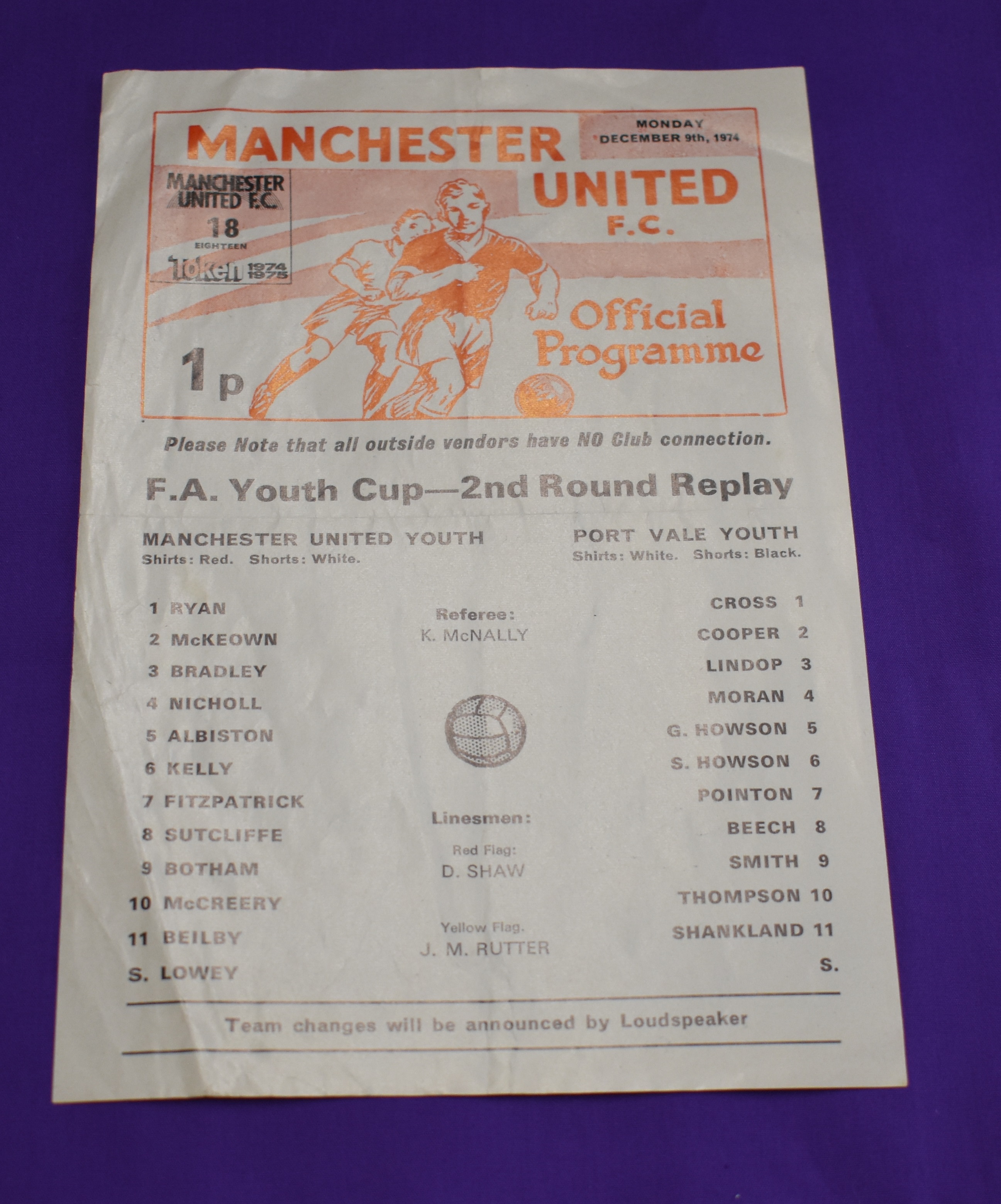 Manchester United v Port Vale FA Youth Cup 2nd Round Replay December 9th 1974. Scarce single