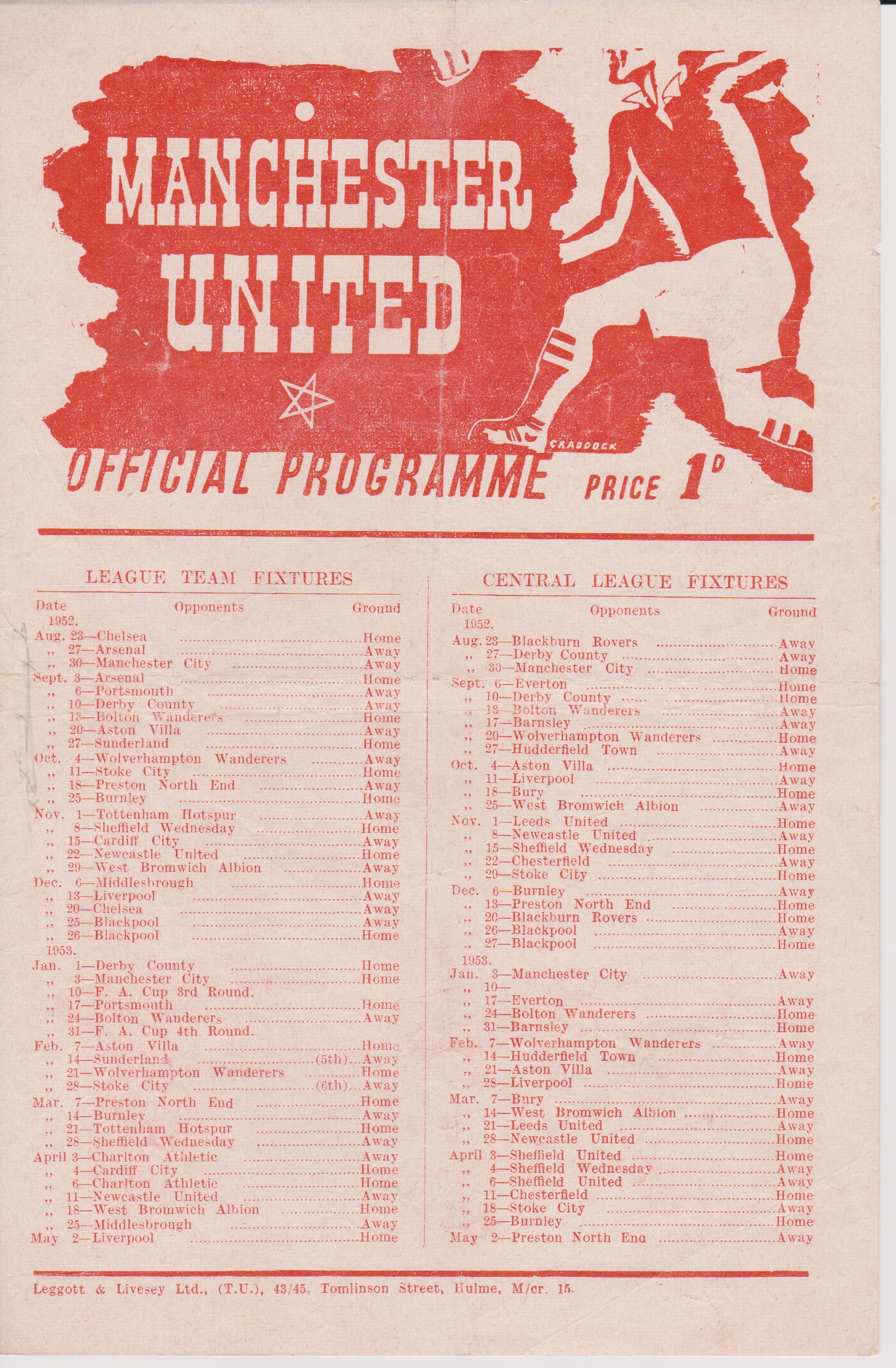 Manchester United single sheet programme for the 2 practice matches Reds v Blues one of which kicked