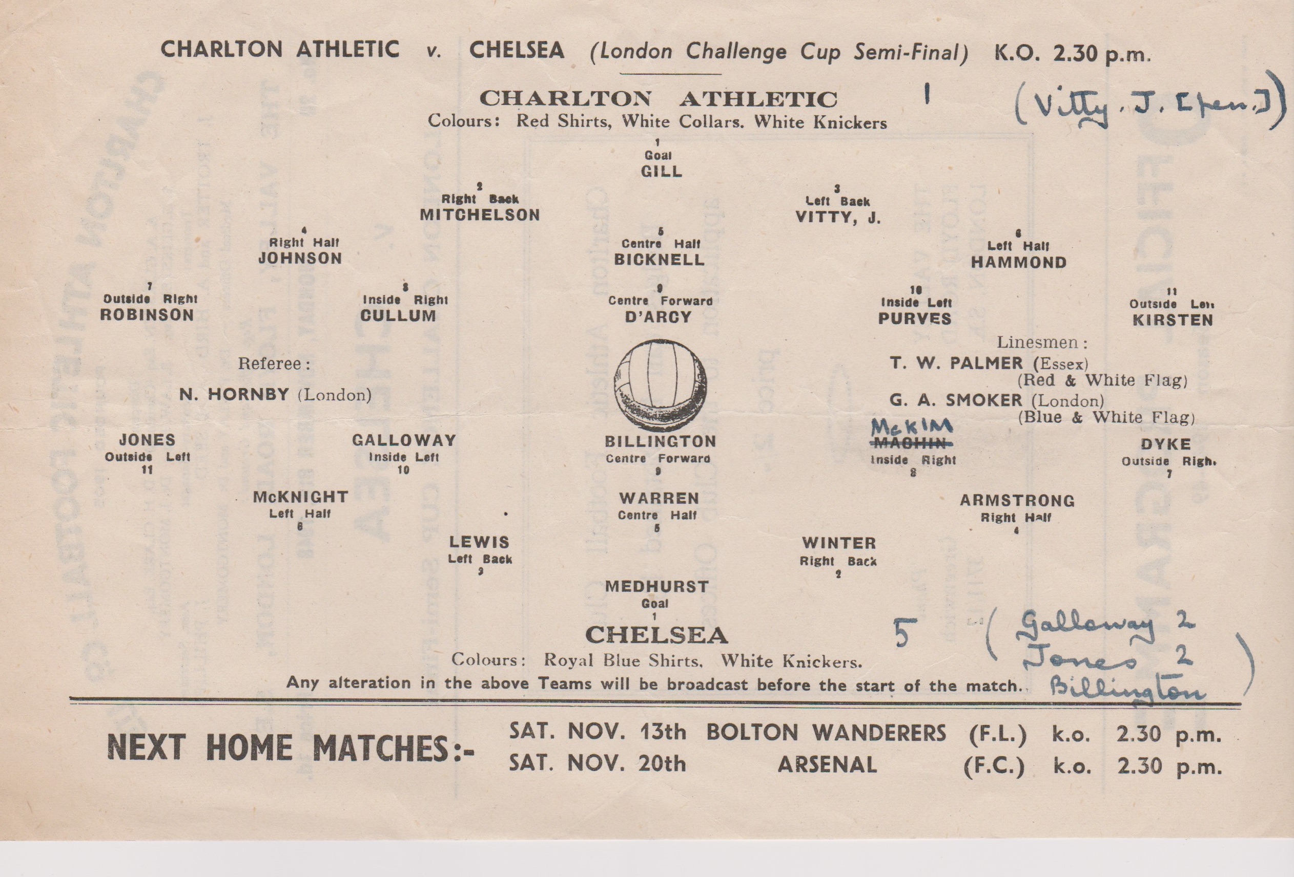 Charlton Athletic v Chelsea London Challenge Cup Semi Final at the Valley 8th November 1948. - Image 2 of 2