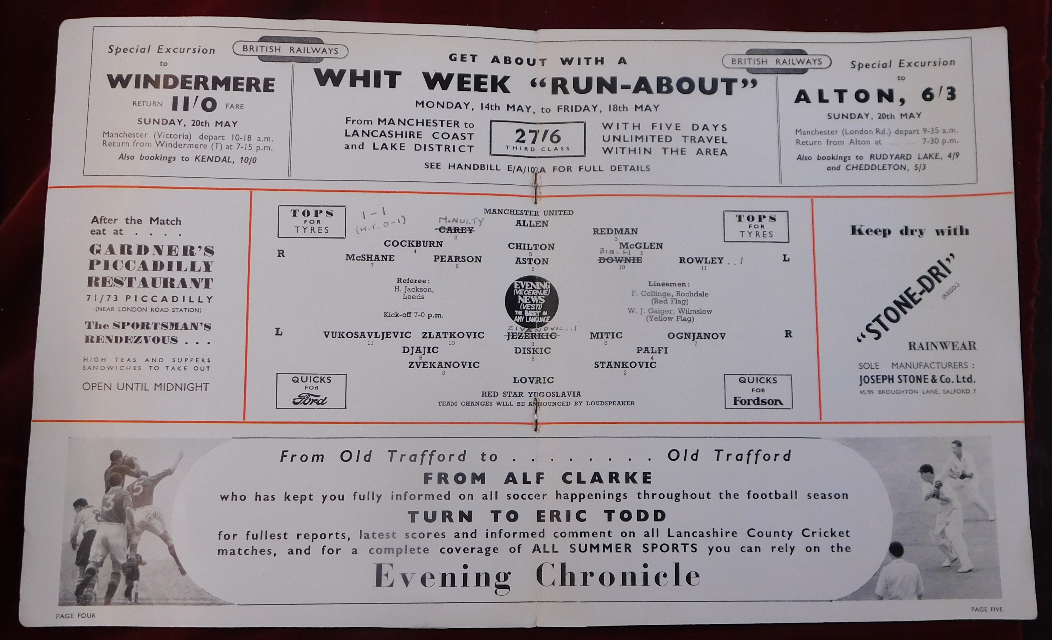 Programme Manchester United v Red Star Belgrade Festival of Britain match 12th May 1951. Score, - Bild 5 aus 5