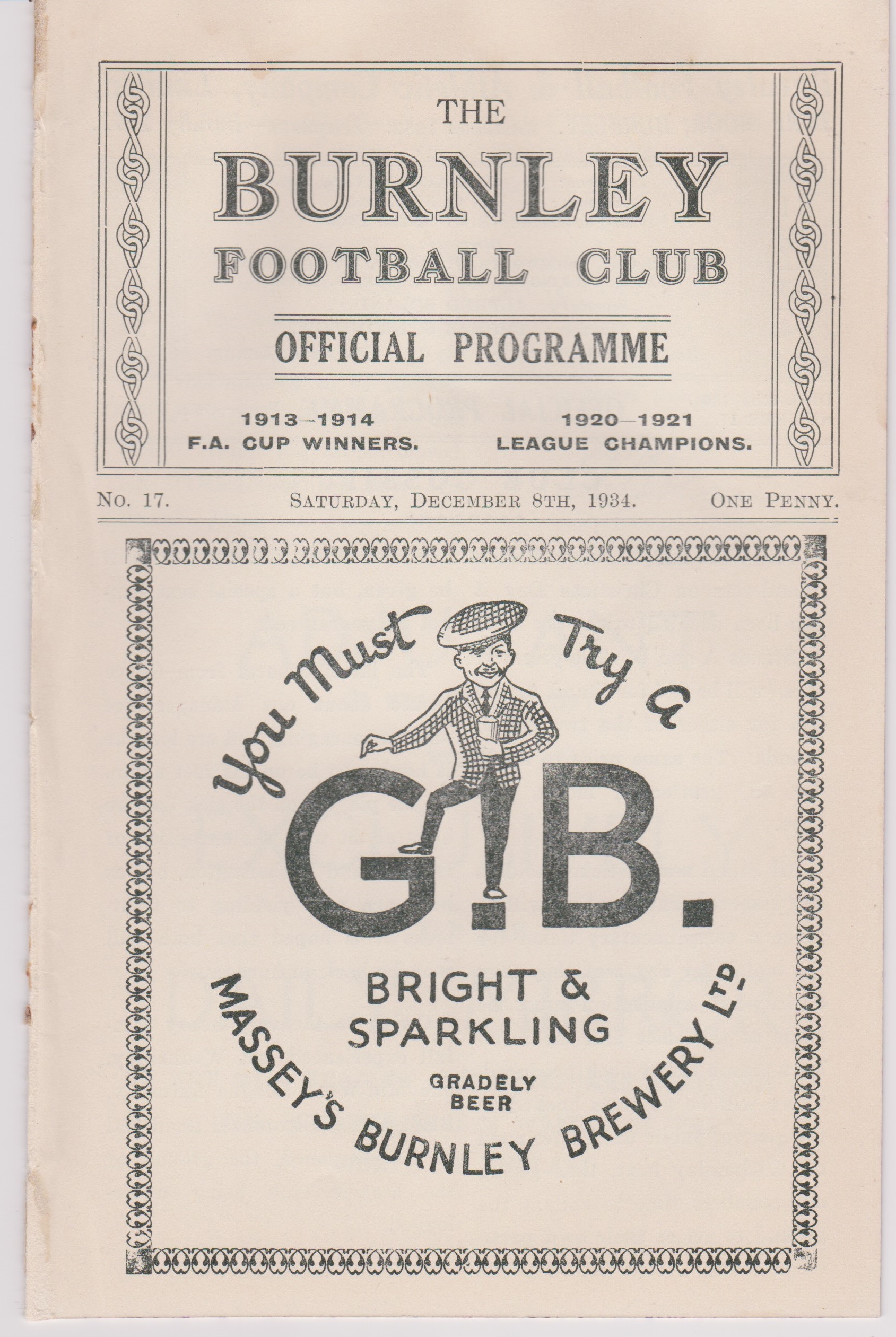 Programme Burnley v Plymouth Argyle December 8th 1934. Ex Bound Volume. Generally good