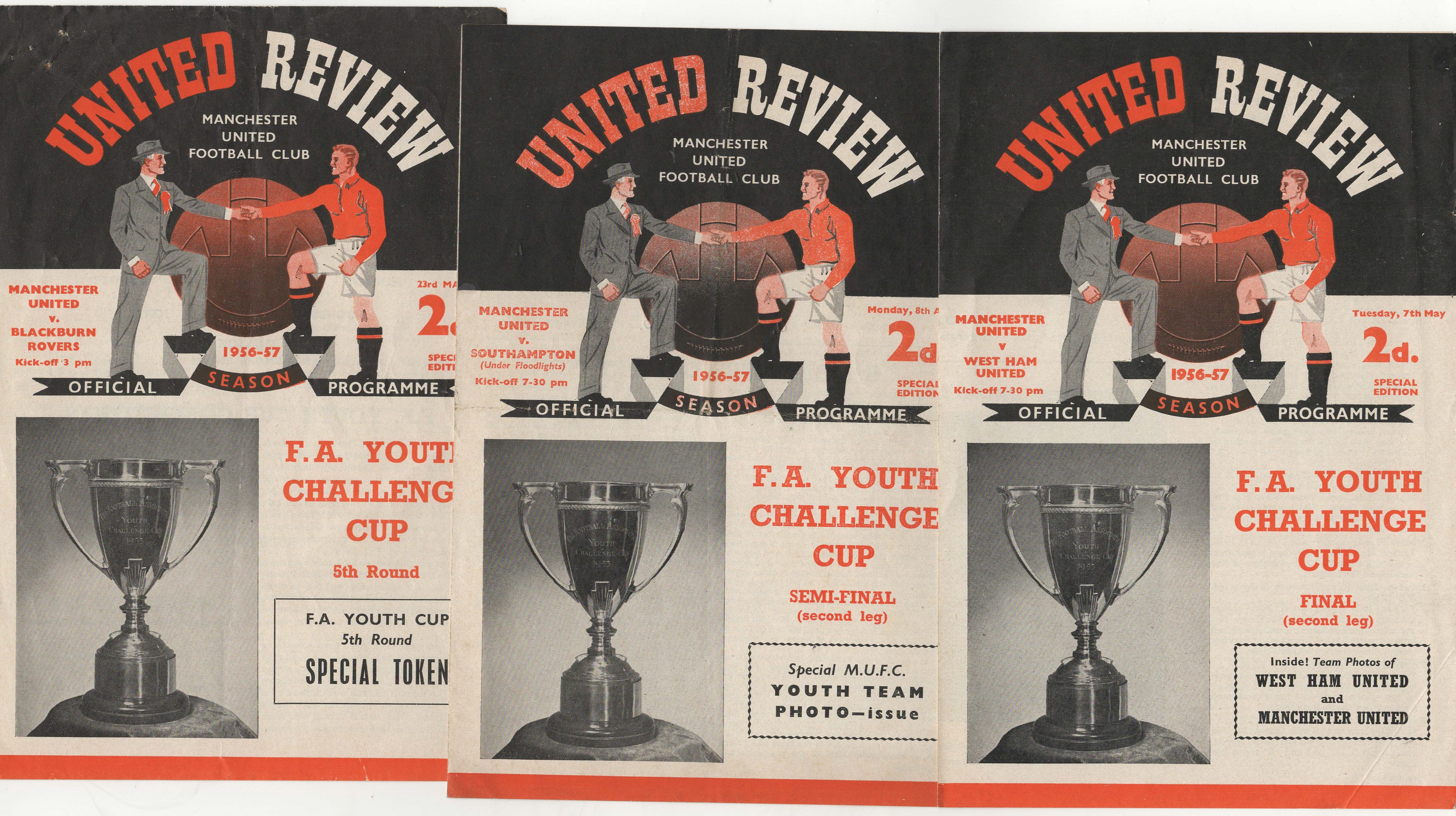 A collection of 3 Manchester United home programmes from the FA Youth Cup in season 1956/57 v
