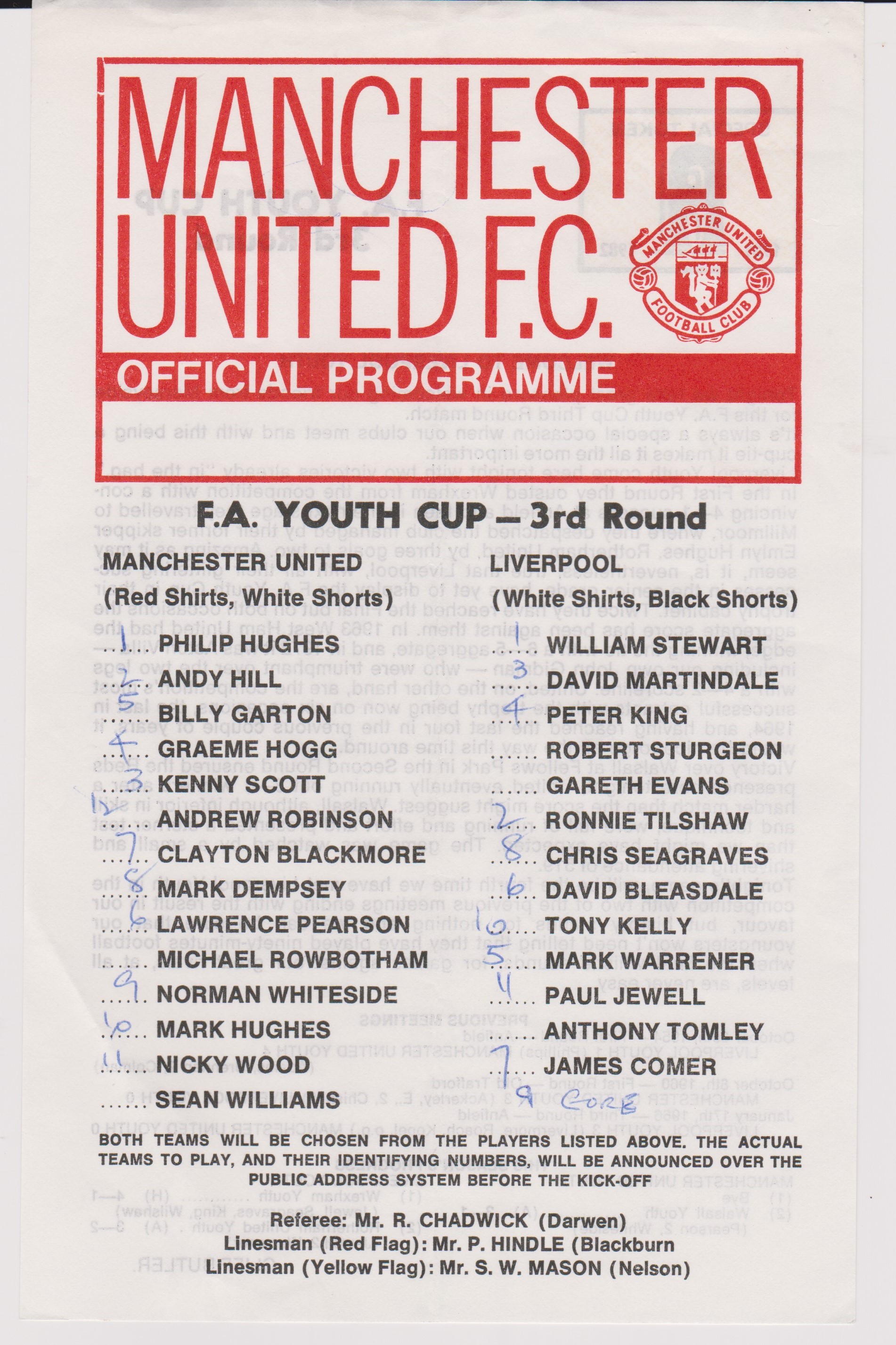 Scarce single sheet programme Manchester United v Liverpool FA Youth Cup 3rd Round 25th January