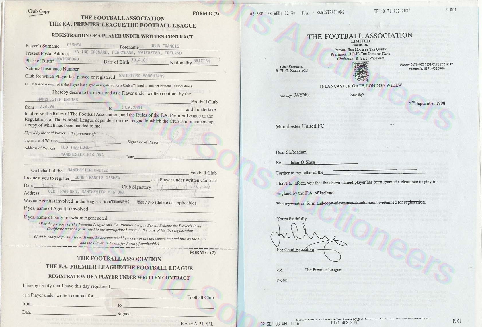 An original of John O'Shea's signing on contract signed by both parties for Manchester United as a - Image 2 of 6