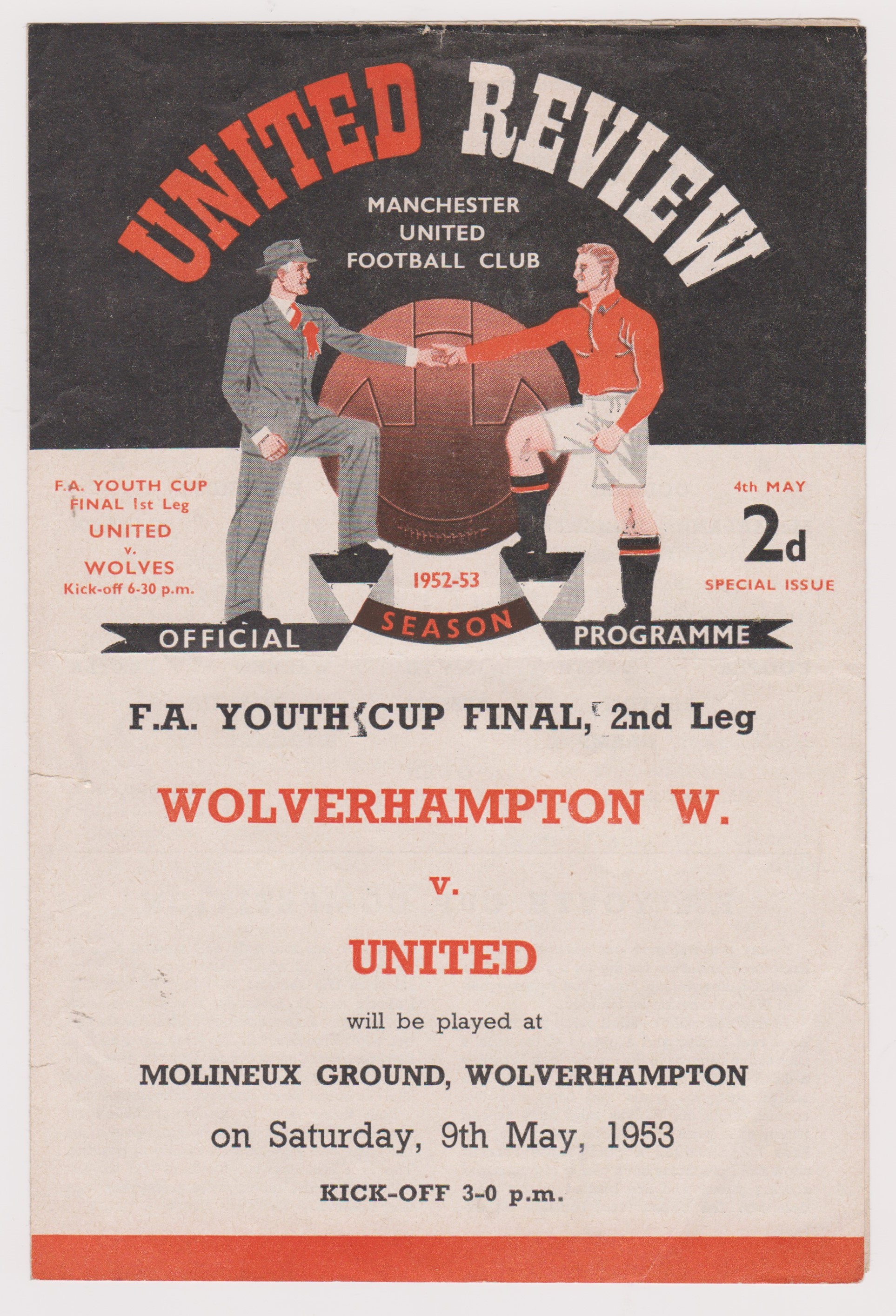 Manchester United v Wolverhampton Wanderers FA Youth Cup Final 1st Leg 4 page programme 4th May 1953