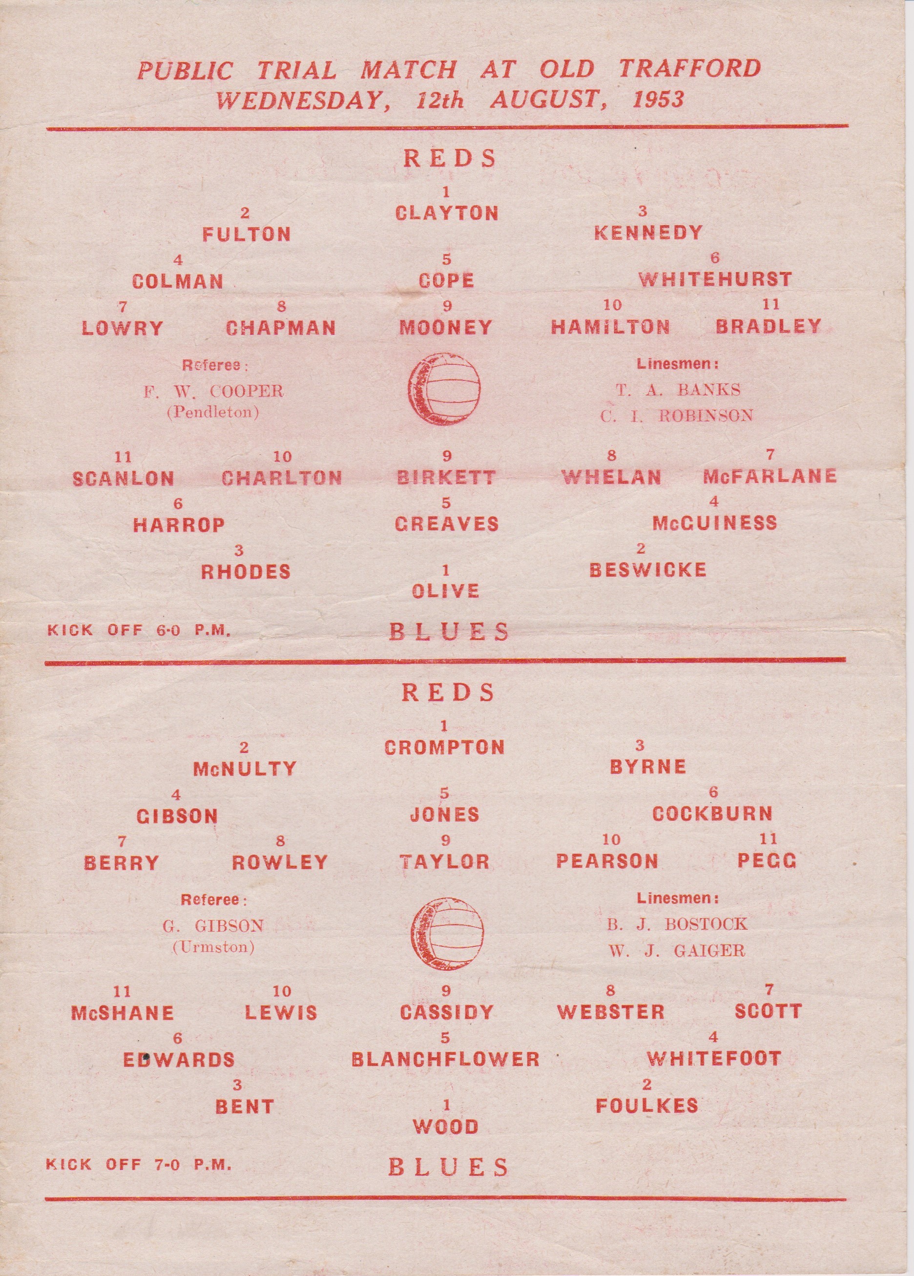 Manchester United Single sheet programme for 2 practice matches Reds v Blues one of which kicked off - Image 2 of 2