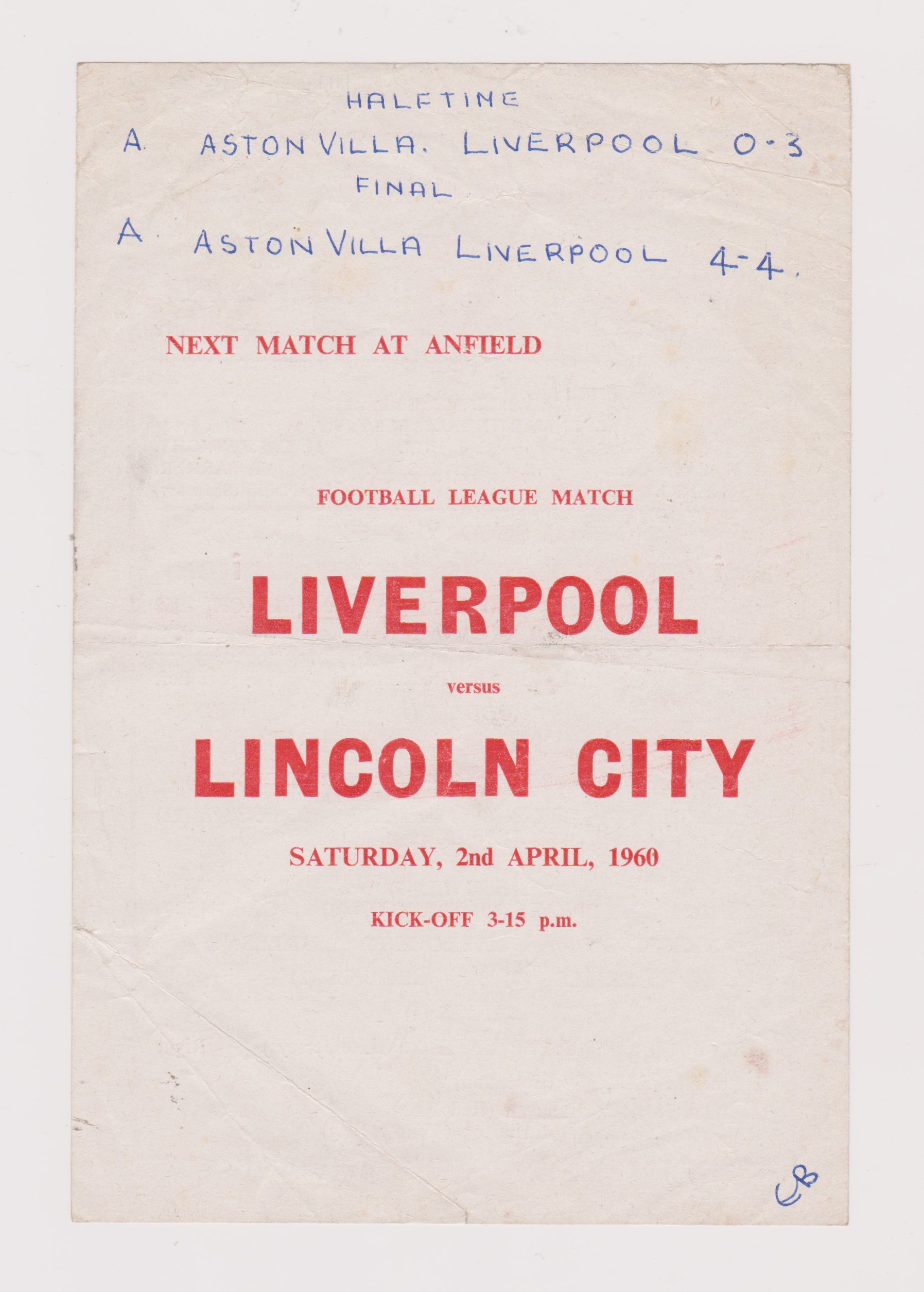 Single sheet programme Liverpool v Manchester United Lancashire Senior Cup Semi Final 30th March - Image 2 of 2