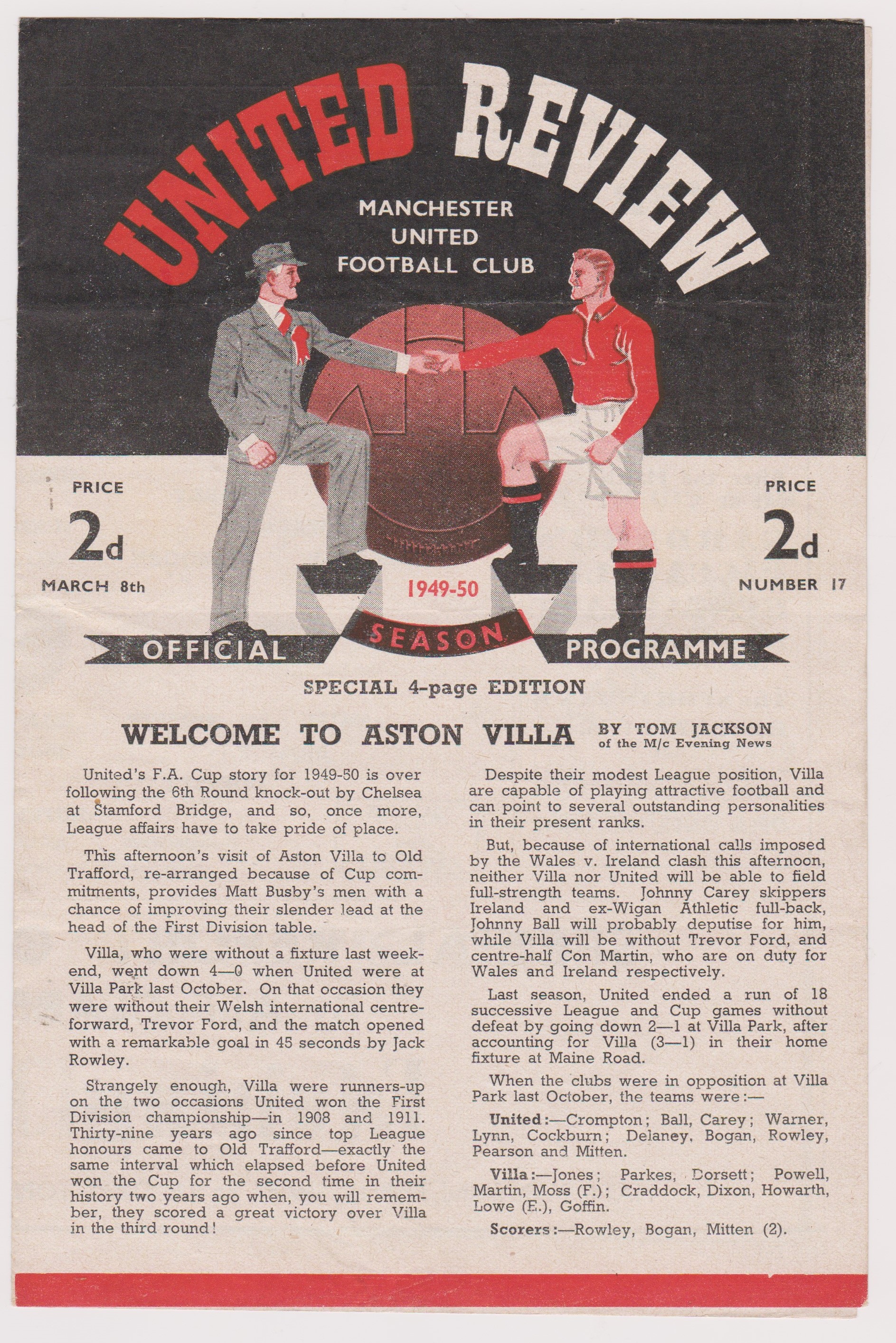 4 Page League programme Manchester United v Aston Villa March 8th 1950. Scarce