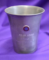 An engraved pewter goblet presented to Alex Dawson of Manchester United after the friendly match