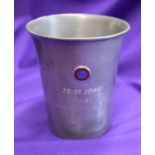 An engraved pewter goblet presented to Alex Dawson of Manchester United after the friendly match