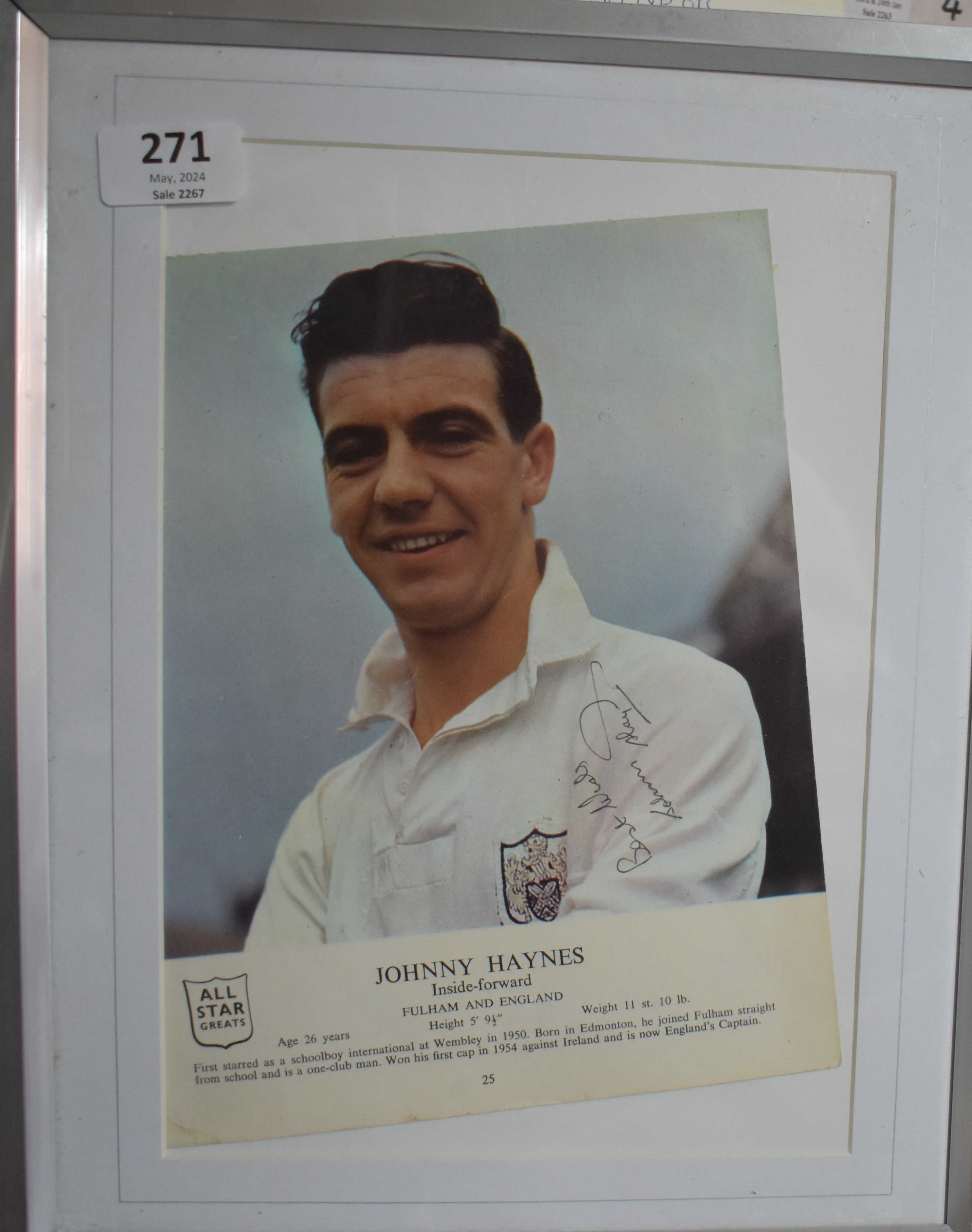 Signed framed portrait of Fulham and England player Johnny Haynes (36cms x 29 cms). Generally