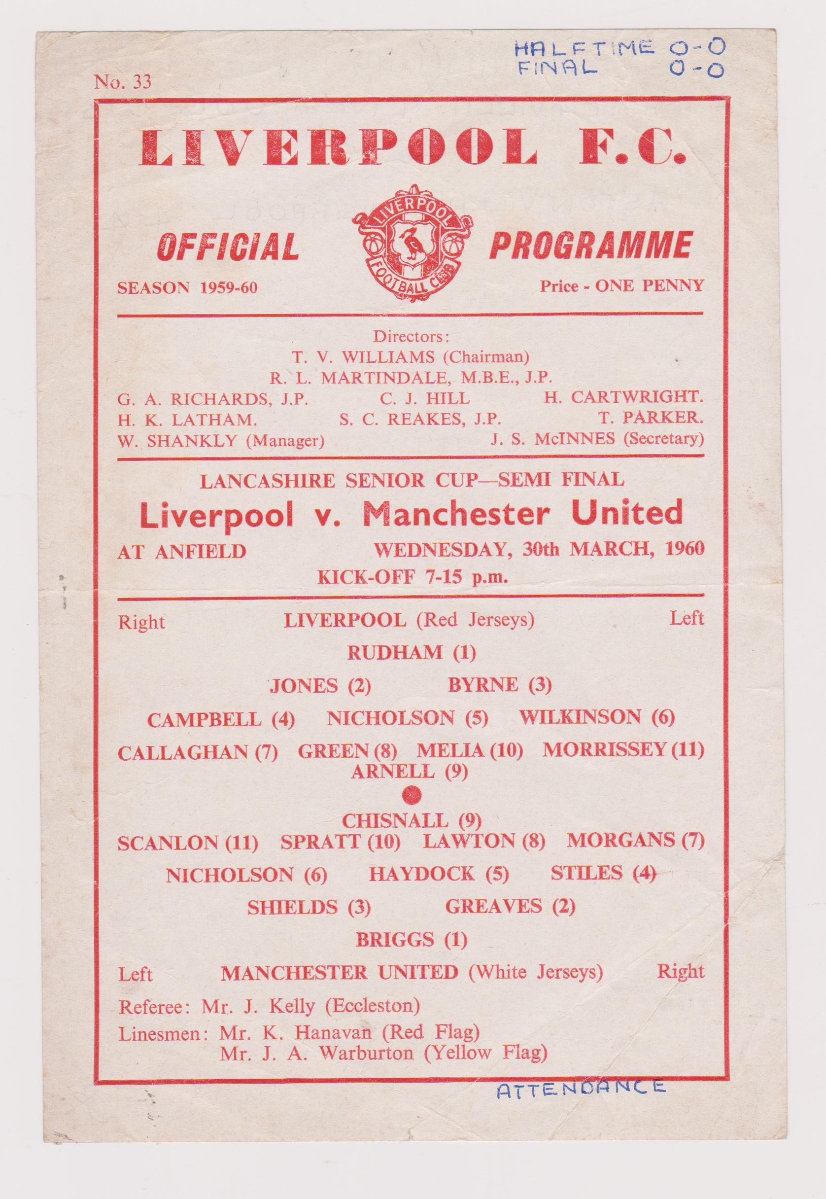 Single sheet programme Liverpool v Manchester United Lancashire Senior Cup Semi Final 30th March