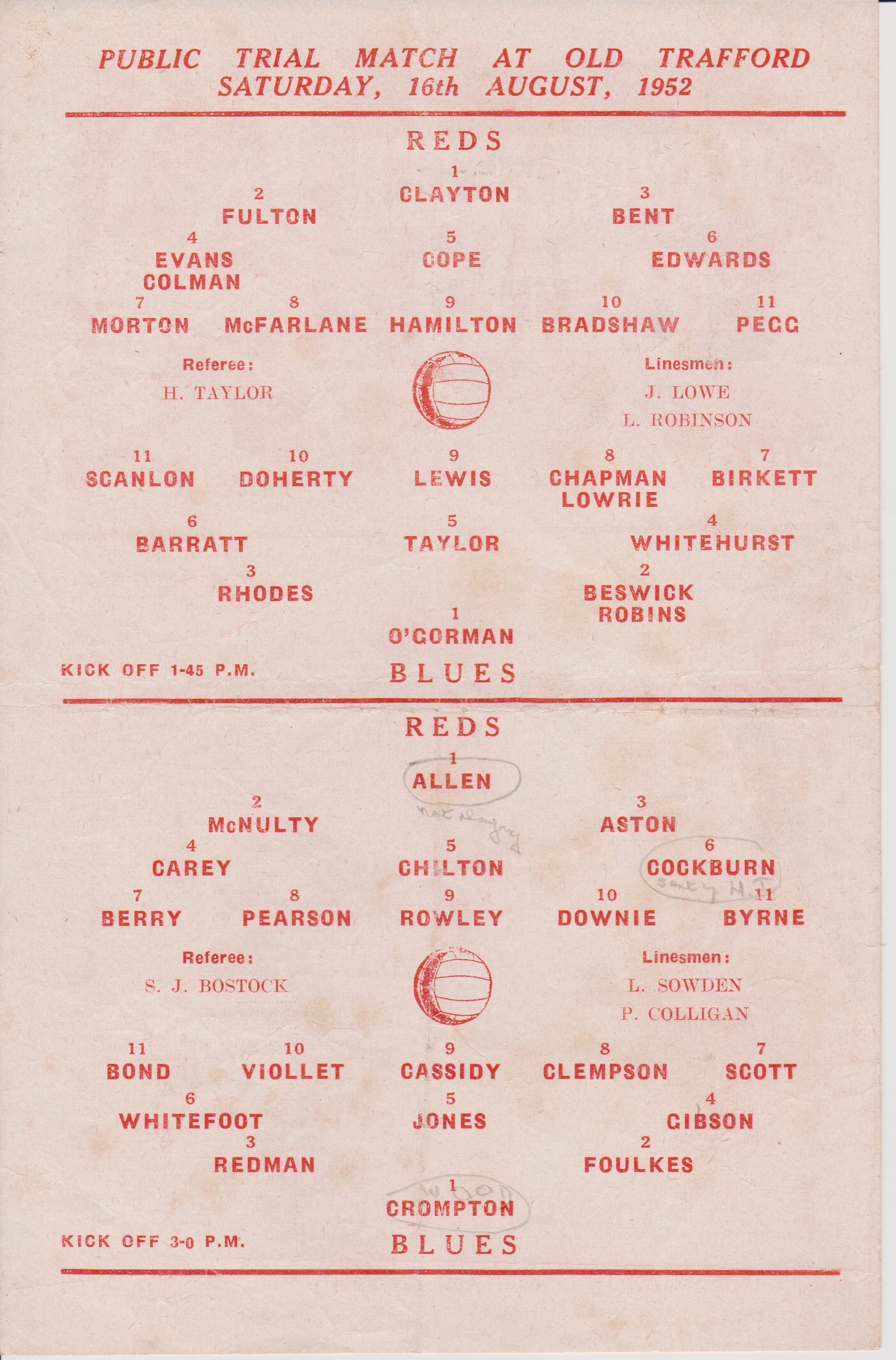 Manchester United single sheet programme for the 2 practice matches Reds v Blues one of which kicked - Image 2 of 2